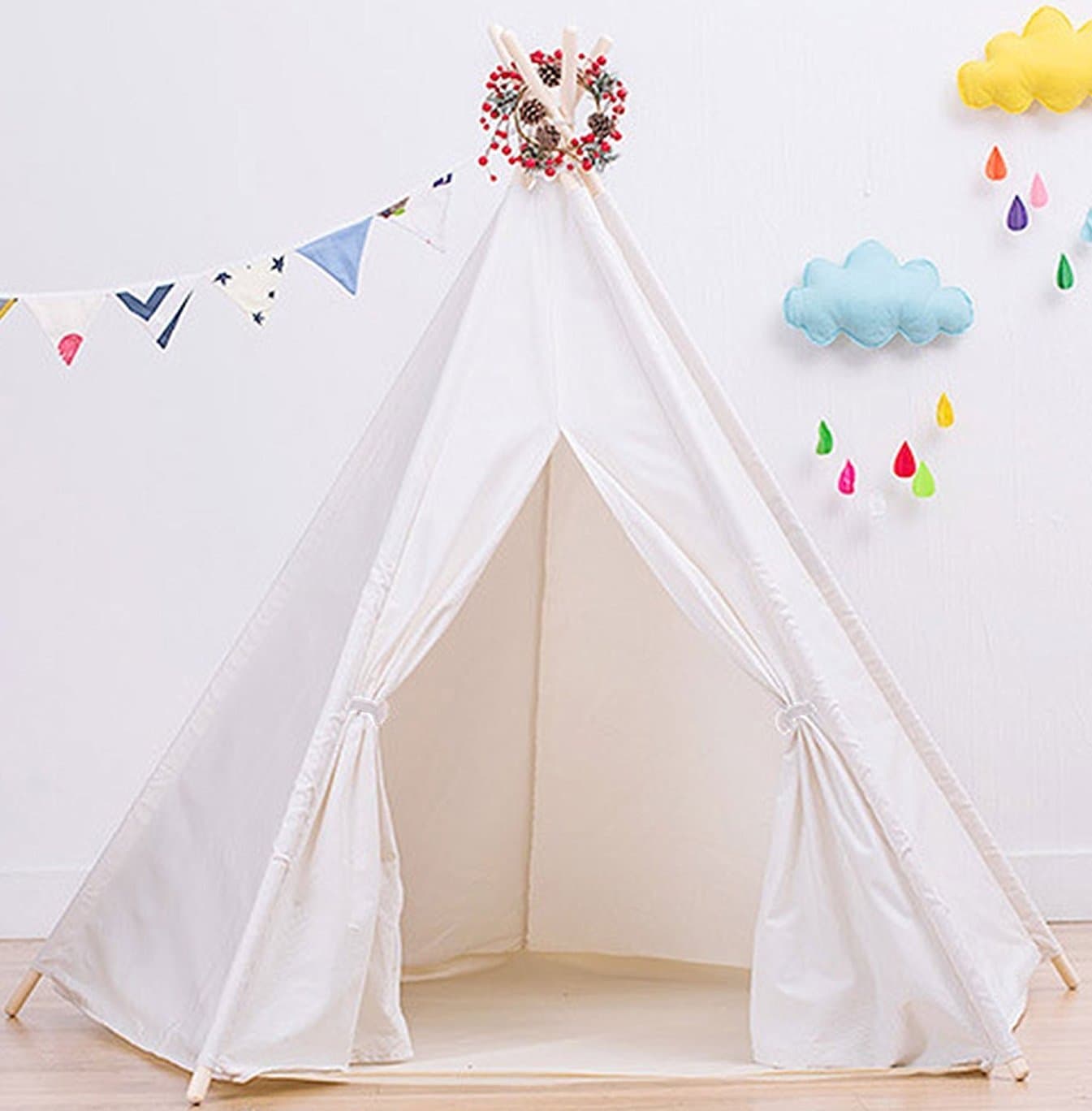 PEP STEP Kid's Cotton Canvas Teepee Tent with 5 Poles (Large/7ft, White)