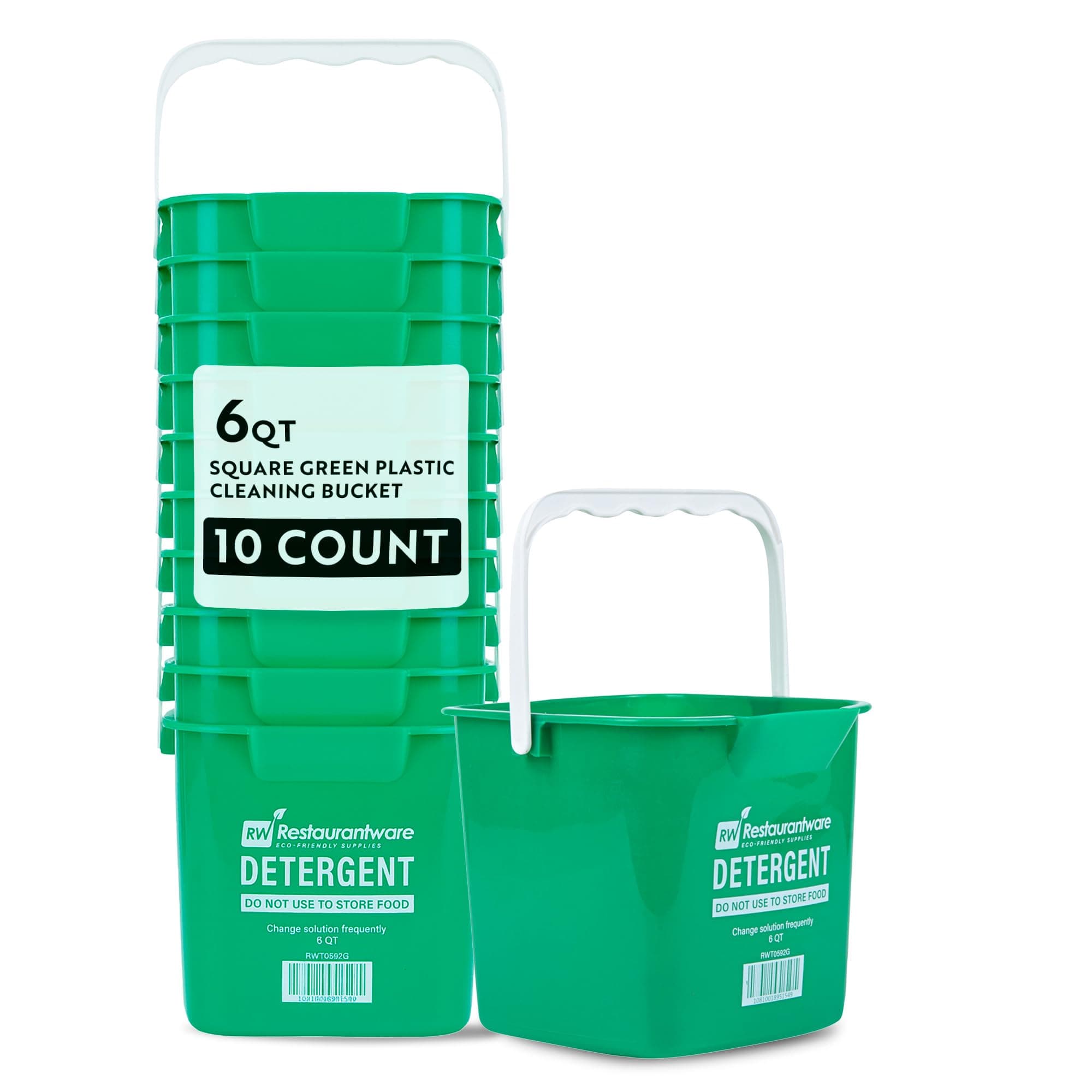 RW Clean 6 Quart Cleaning Buckets, 10 Detergent Square Buckets - With Measurements, Built-In Spout And Handle, Green Plastic Utility Buckets, For Home Or Commercial Use, - Restaurantware