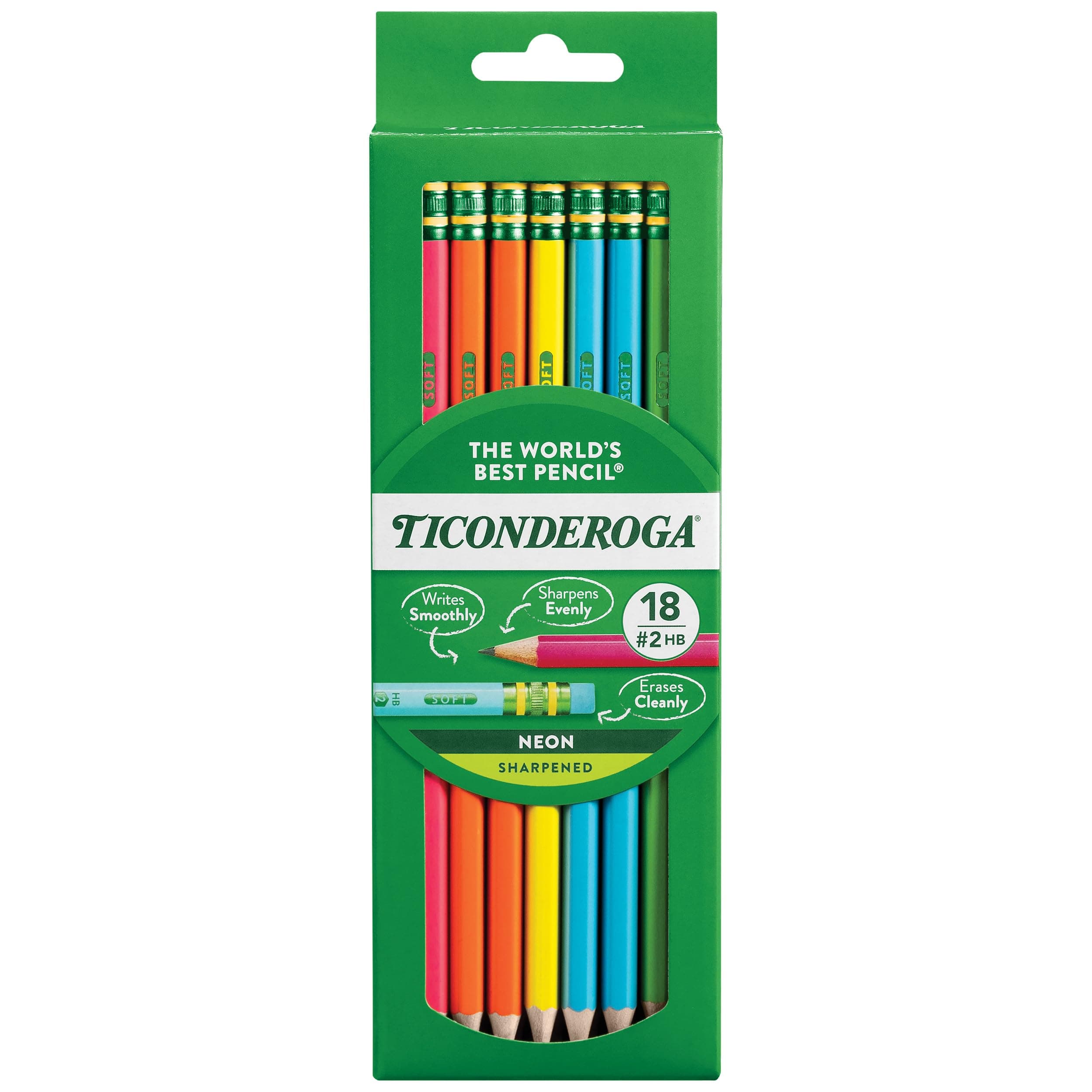 Wood-Cased Pencils, Pre-Sharpened, #2 HB Soft, Neon Colors, 18 Count