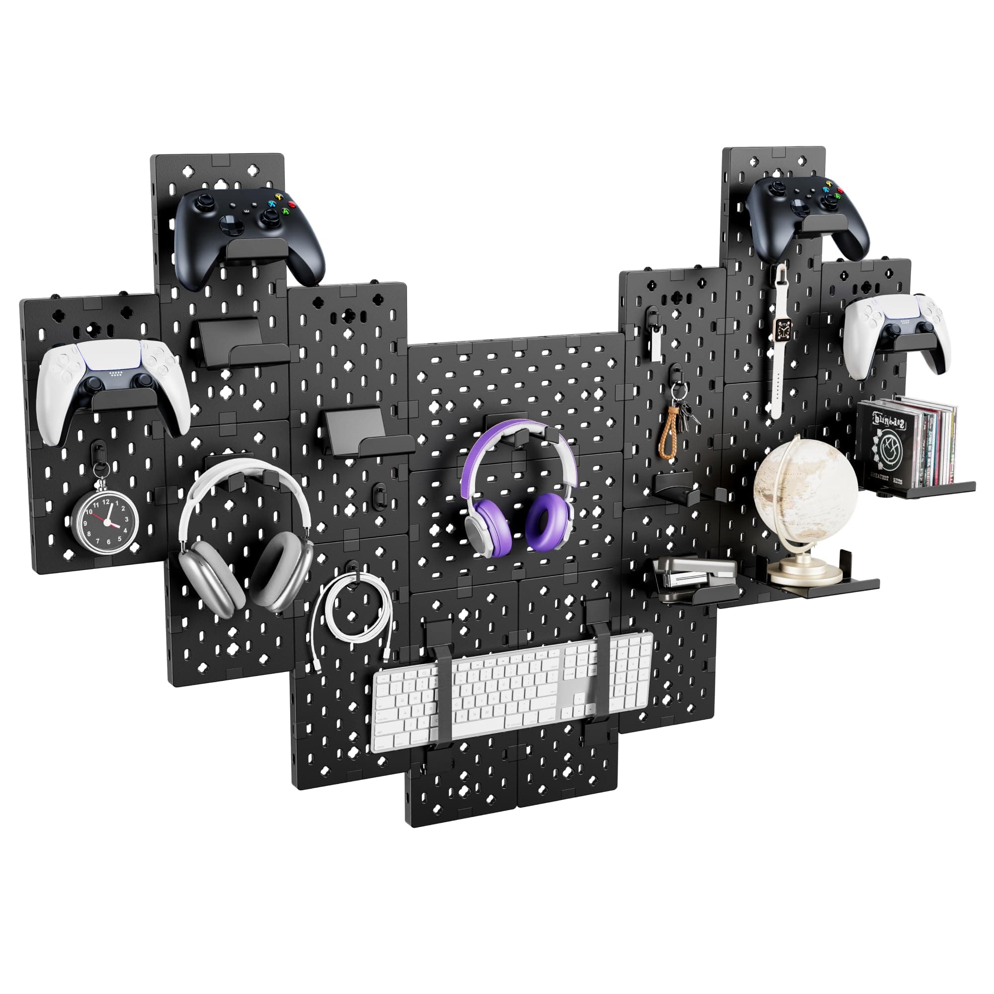 PEGZONE Controller and Headphone Holder Wall Mount, Modular Gaming Pegboard with Accessories, Controller Stand for Xbox PS5 PS4 Switch, Video Game Storage, Disc Shelf Organizer, 14pcs Pegboard, Black