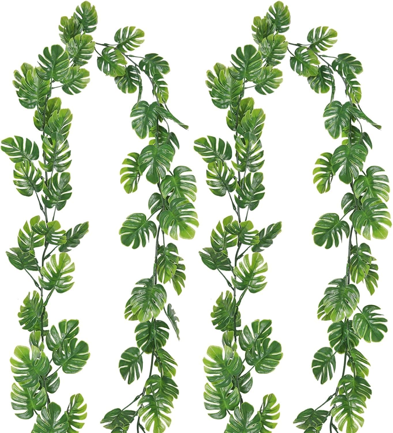 Dekorly Plastic Artificial Monstera Leaf Vines Fake Hanging Plants Ivy Palm Leaves Greenery Vines Faux Tropical Monstera Garland for Garden Porch Patio Jungle Party Indoor Outdoor Décor (2Pcs, 4FT)