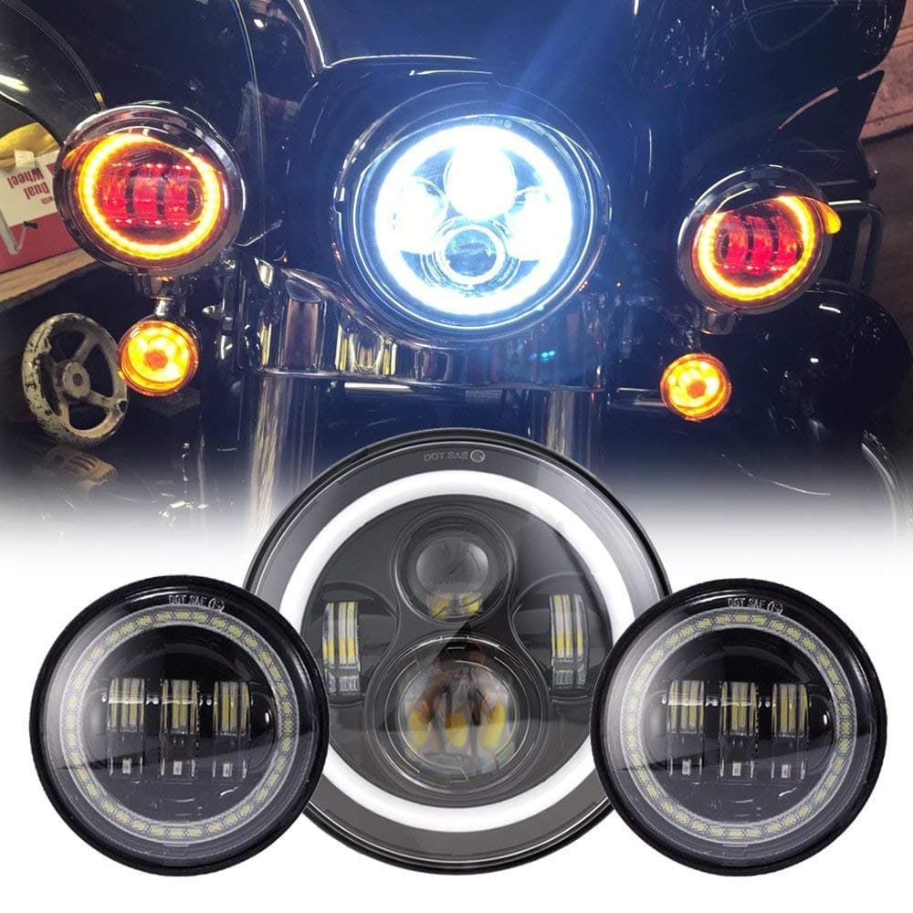 Black 7" Inch LED Headlight with DRL+ 2x 4.5" 30w Fog Light Passing Lamps Compatible with Motorcycles