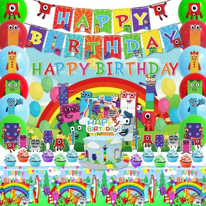 Happy Birthday Party Decorations Set includes Banner, Balloons, Cake Topper, Cupcake Topper and Tablecloth, Birthday Party Supplies