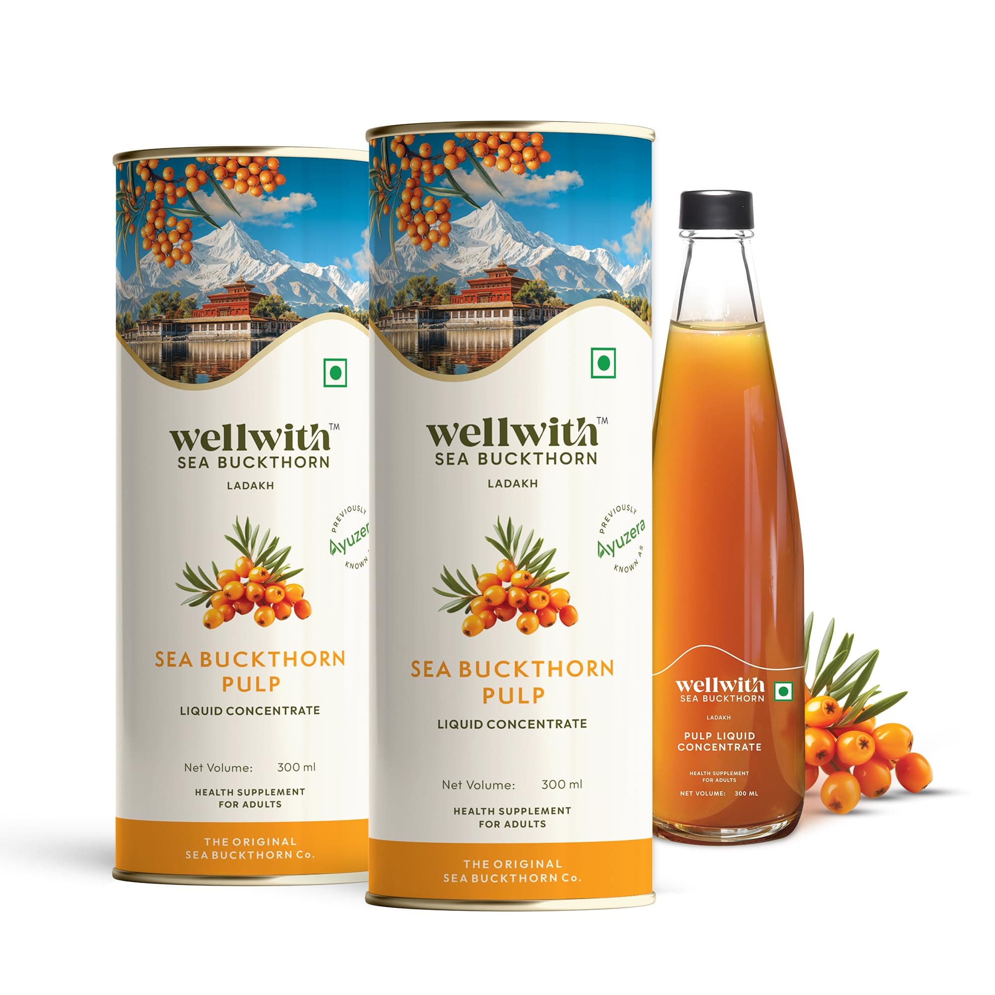 Wellwith by Ayuzera Himalayan Sea Buckthorn Berry Pulp 300ml | Plant Based Vegan Omega 3, 6, 7 & 9 | No Fish Oil | Natural & Organic | Upto 50 Glass Juice | Antioxidants & Vitamins (300ml, Pack Of 2)