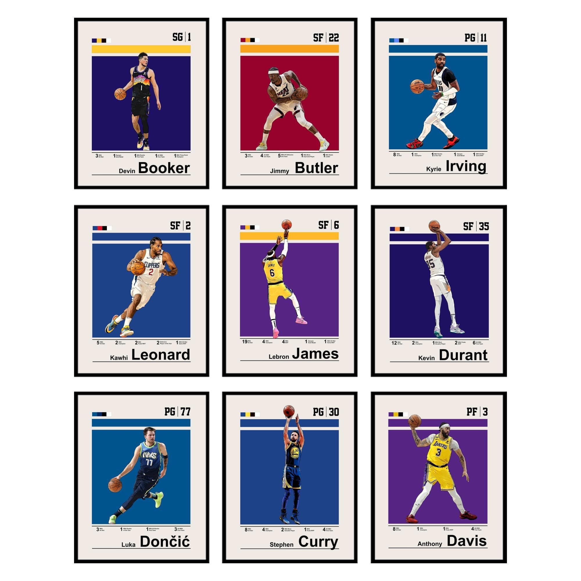 BigWig Prints Basketball Posters - NBA Posters, Basketball Room Decor, Lebron James, Steph Curry, Kevin Durant, Kyrie Irving, Kawhi Leonard, Anthony Davis, Luka Doncic - Unframed 9 Pack (8x10)