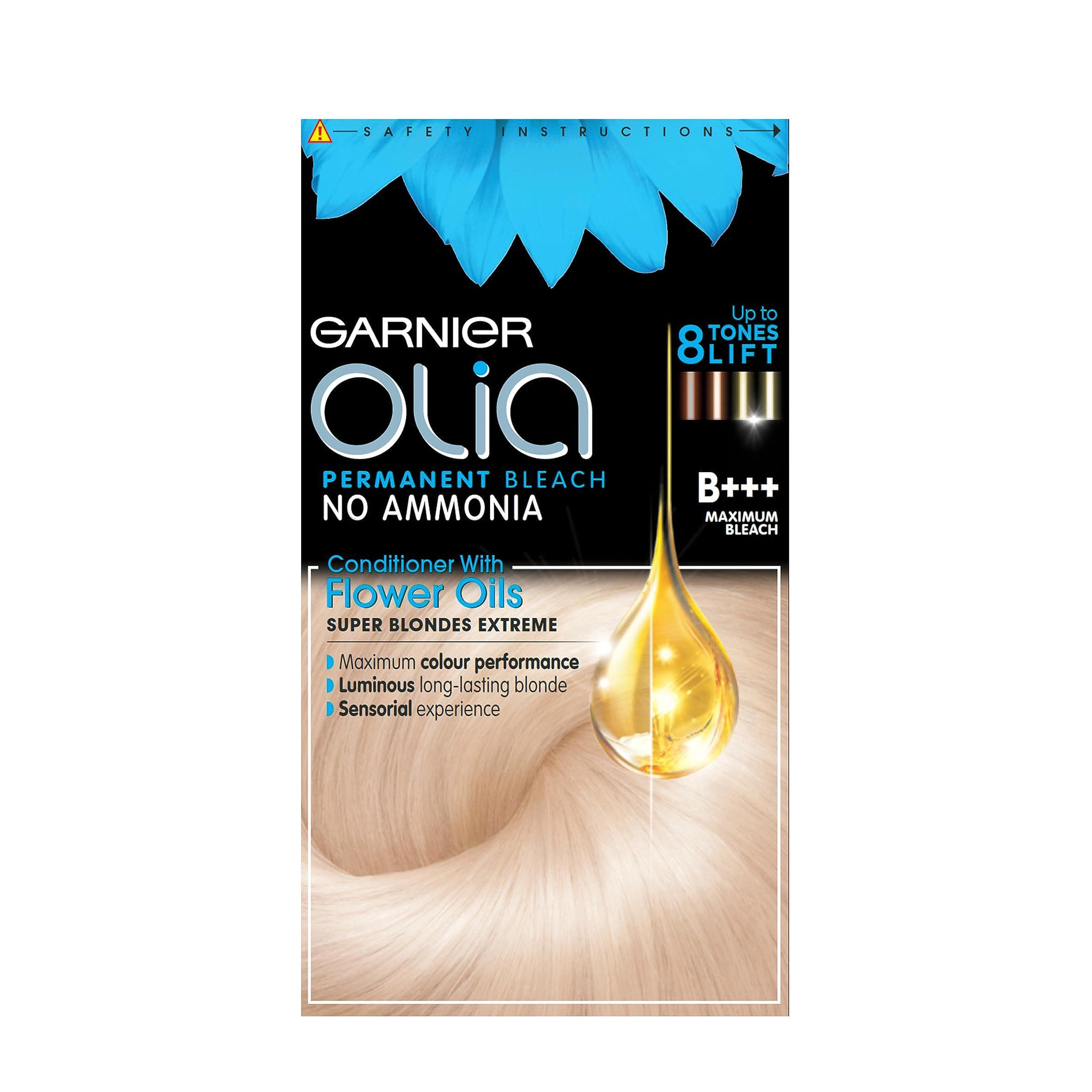 Olia B+++ Maximum Bleach Blonde offers intense lift. No-ammonia, oil-powered permanent dye for luminous, vibrant results. Achieve your lightest blonde while keeping hair soft and nourished.