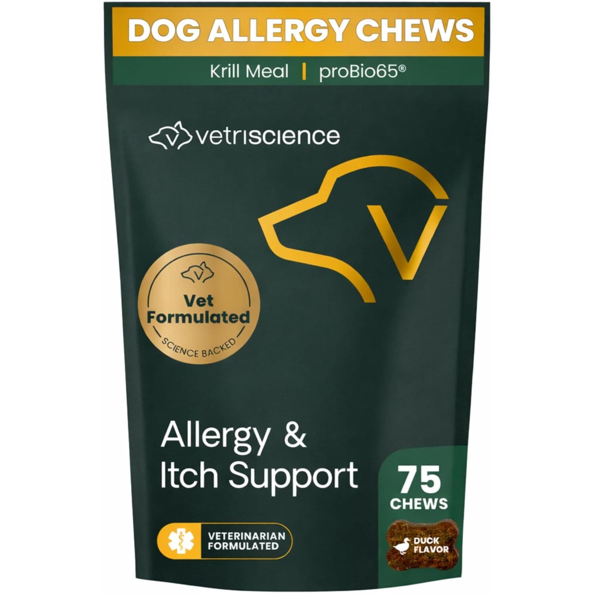 Allergy Plus Immune Support Supplement for Dogs, Duck Flavor, 75 Chews – Probiotic Allergy Chews for Itchy Skin, Paw Licking, Watery Eyes, Sneezing and GI Support