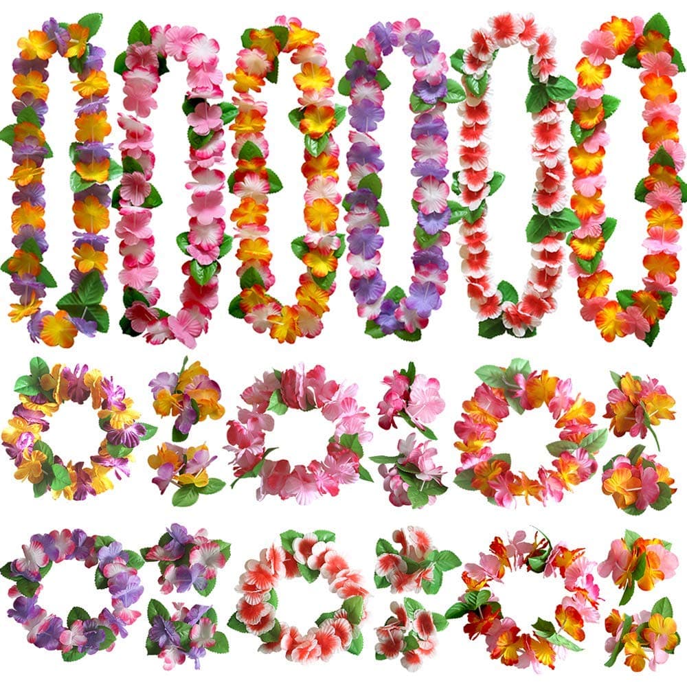 Benting 24 PCS Hawaiian Wreath Headband Wristbands Tropical Hawaii Necklace Headpiece Bracelets Wedding Vacation Summer Beach Carnival Party Decorations