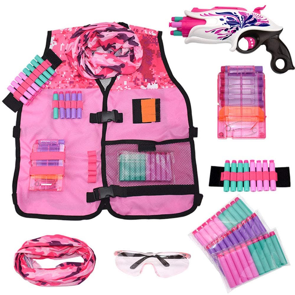Girls Pink Tactical Vest Set with Gun for Nerf Rebelle and Elite Series with 30 Refill Darts, Quick Reload Clip, Wrist Ammo Holder, Safety Glasses, and Tube Mask