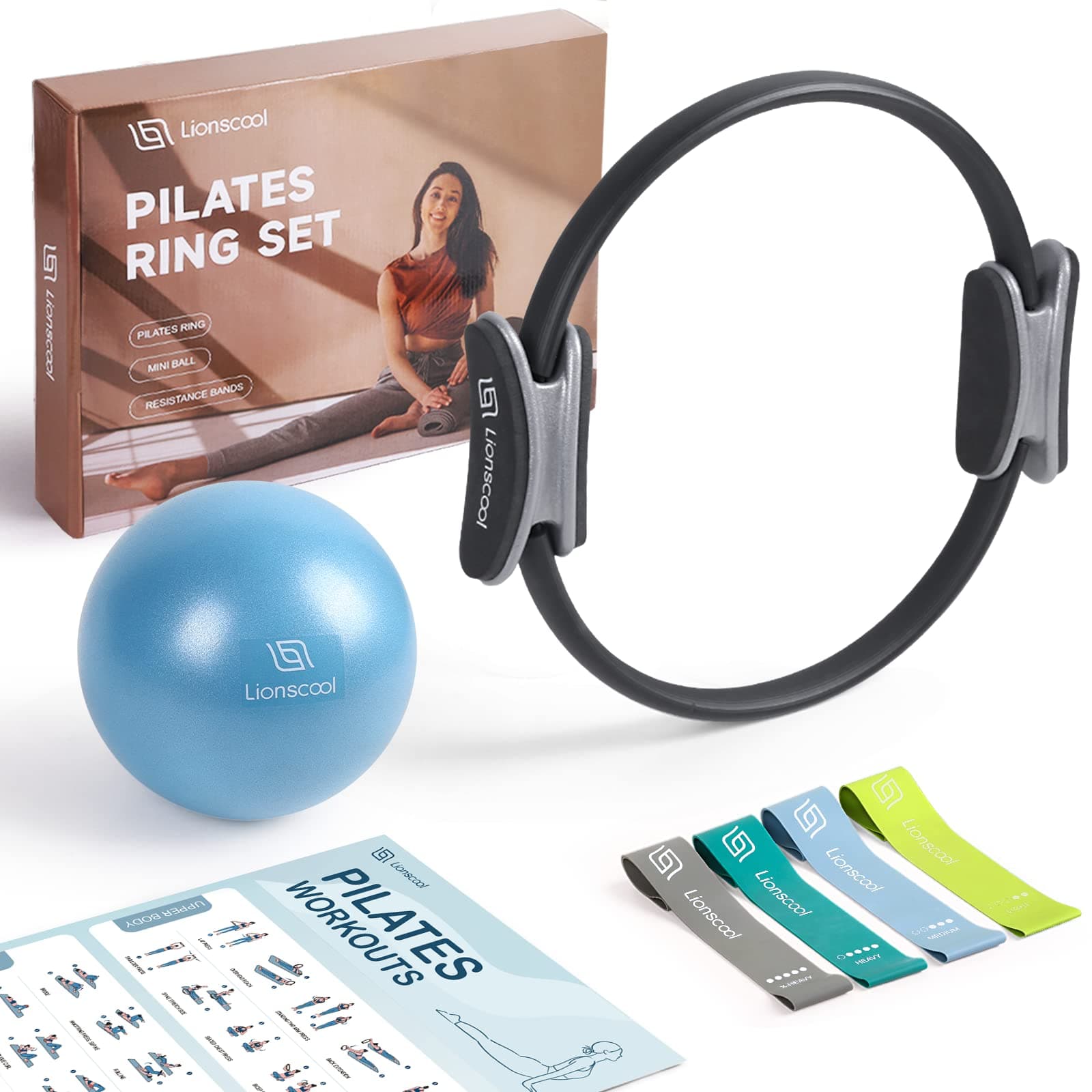 LIONSCOOL Pilates Ring Set – 14" Anti-Deformation Magic Circle with Padded Handles, Mini Ball, Resistance Bands, Guide & Bag