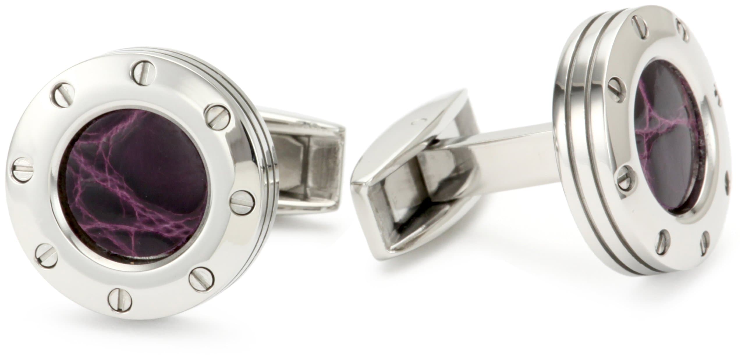 Men's Colibri Jewelry Daytona Polished Stainless Steel Purple Alligator Leather Cuff Links