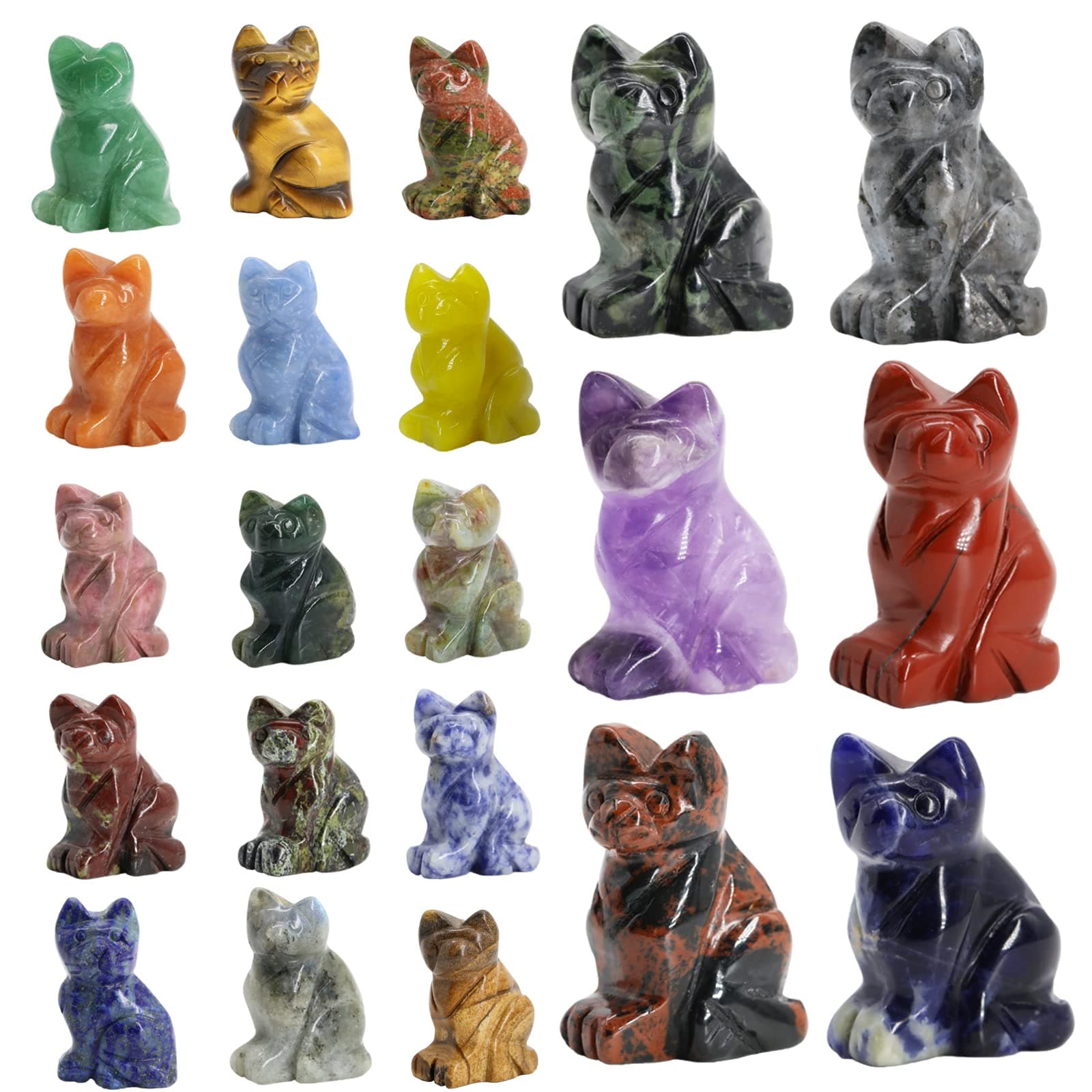 Wemeki Gemstone Cat Figurine Mix 6PCS, Sitting Kitten Cat Healing Crystal Hand Carved Lucky Cat Animal Carving for Home Decor 1.5''