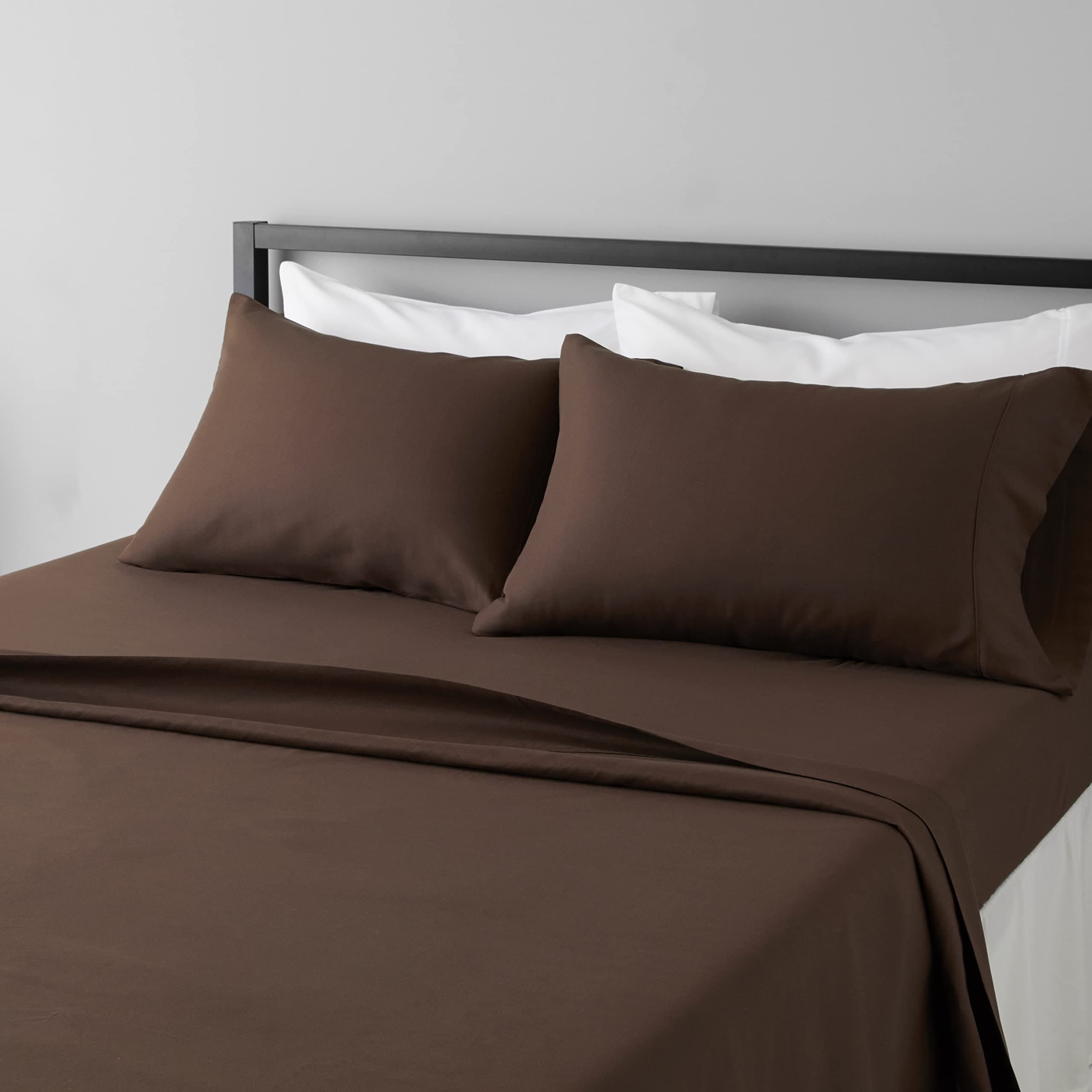 Amazon Basics Lightweight Super Soft, Breathable, Wrinkle-Free Microfiber 4 Piece Bed Sheet Set with 14-Inch Deep Pockets, Queen, Chocolate, Solid