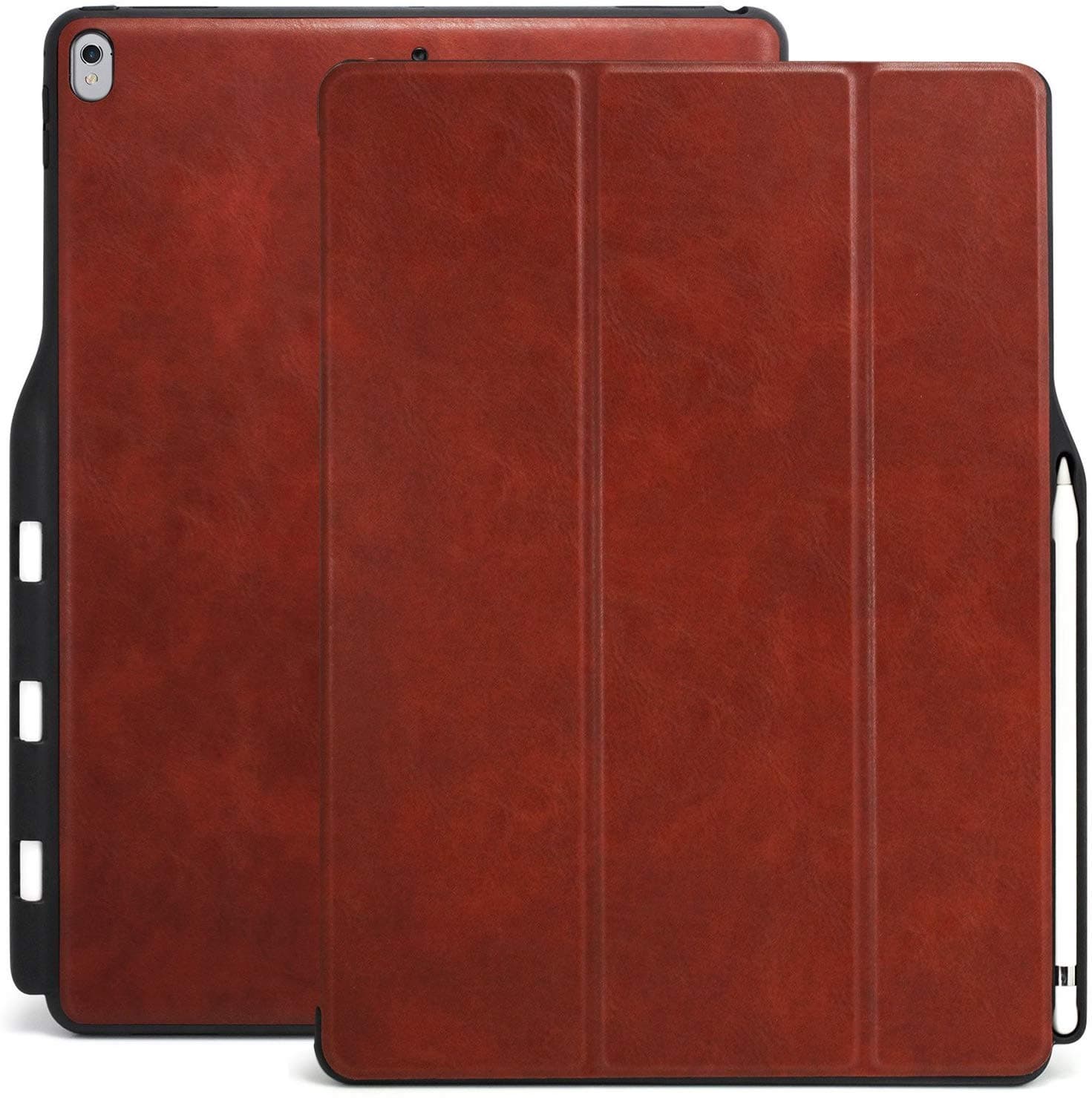 KHOMO iPad Pro 12.9 Inch Case with Pen Holder ( 1st and 2nd Gen 2016 & 2017) - Dual Super Slim Cover with Rubberized Back and Smart Feature ( Sleep / Wake ) - PU Leather Brown