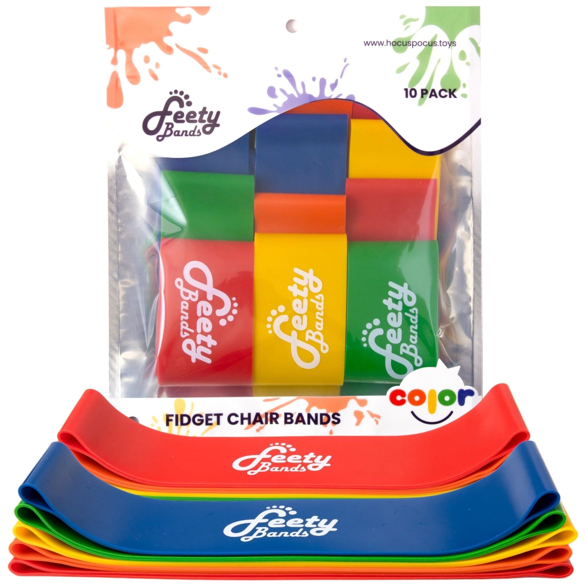 Feety Chair Bands for Kids with Fidgety Feet (10-Pack) - ADHD Fidget Bands for Chairs - Desk Bands for Students - Bouncy Chair Bands for Flexible Seating Classroom - Feety Bands Color (Assorted)