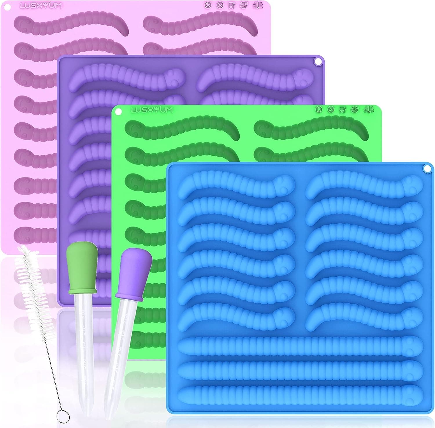 LUSHYUM Gummy Worm Molds Silicone 6ML 14ML, 4PCS Non-Stick Silicone Large Worm Molds for Chocolate Gummy Candy 60 Cavity with 2 Droppers & Brush, Ideal Gift for Kids Adult Halloween Party