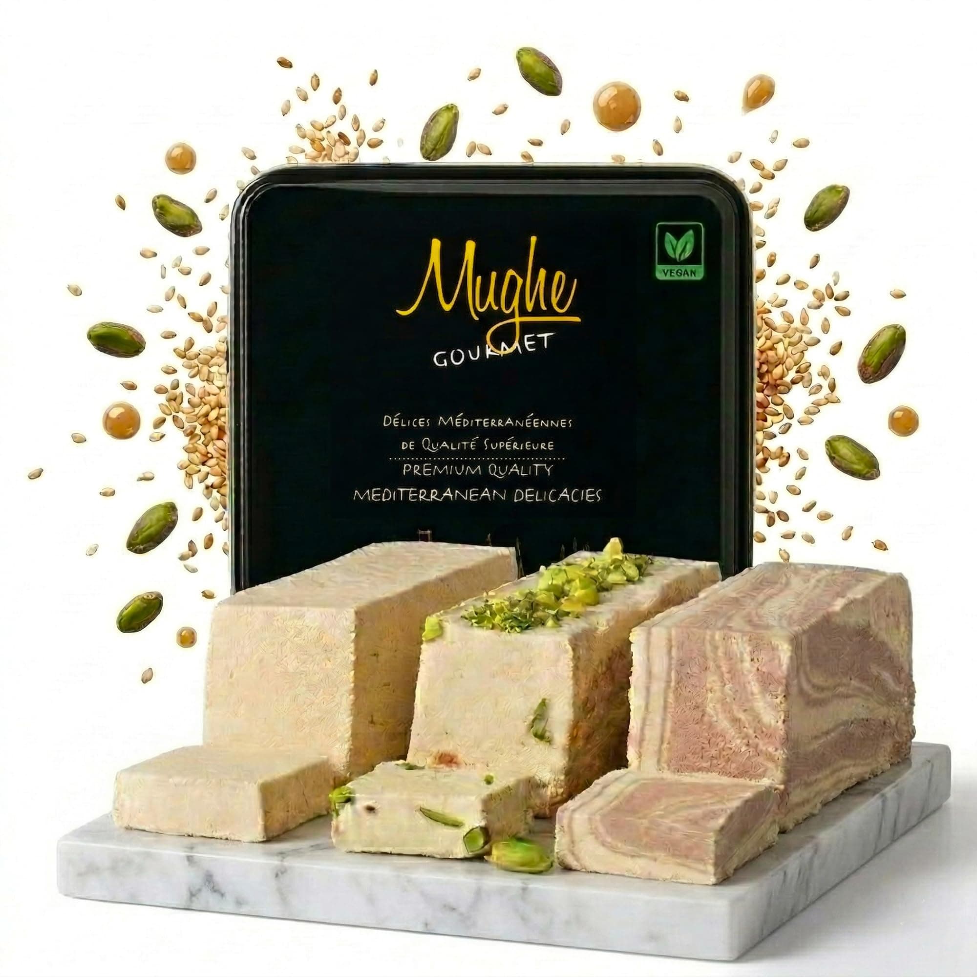 Mughe Gourmet Halvah Assortment 1.88lb (850g) Tin Gift Box - 3 Delicious Vegan Marble Tahini Halvah Bars Pistachio, Cocoa, Vanilla -Flaky Turkish Halawa Gifts- Perfect Gifts for Birthdays, Fathers Day
