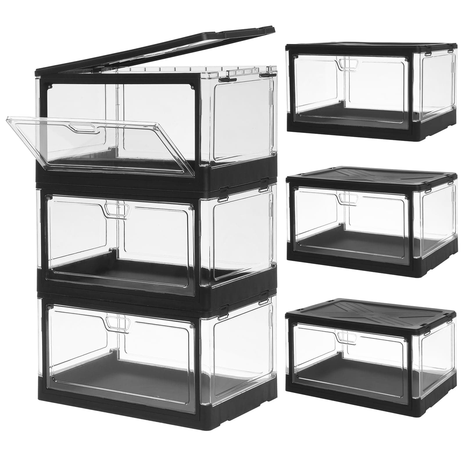 3-Pack Clear Stackable Storage Bins with Lids Magnetic Doors Open Front Foldable Folding Plastic Craft Containers Large Closet Organizers Box for Bedrooms Living Rooms Study 24 QT