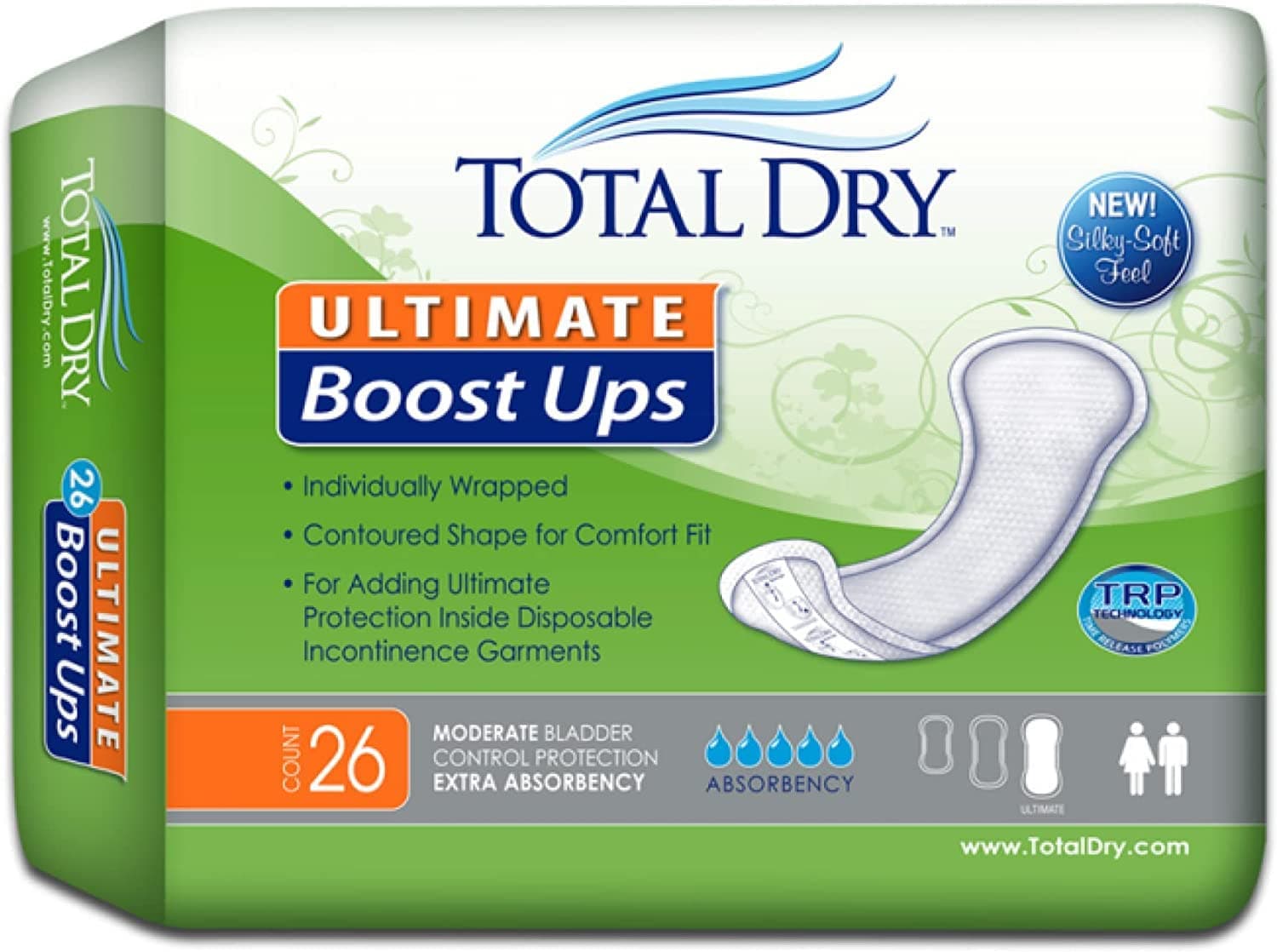 TotalDry Ultimate Boost Ups Incontinence Pads for Women & Men – FSA HSA Approved Adult Incontinence Pads for Disposable Garments – Contour-Shaped Bladder Control Pads(26 Pcs)