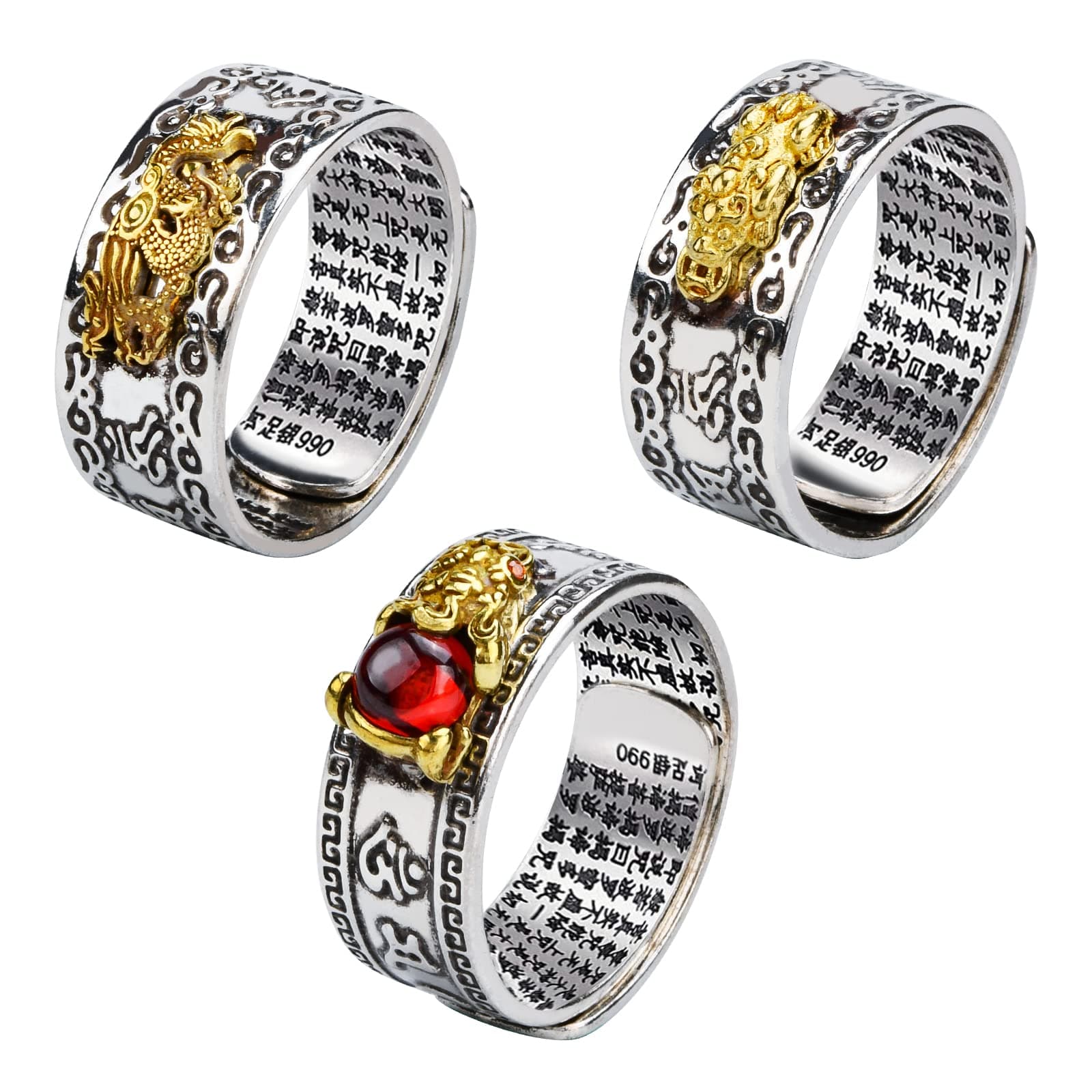 KESOCORAY BEAUTEVER Feng Shui Lucky Nafu Wealth Rings Pi Xiu Pi Yao Friendship Charm Rings for Men Women Adjustable Set, Crystal, No Gemstone