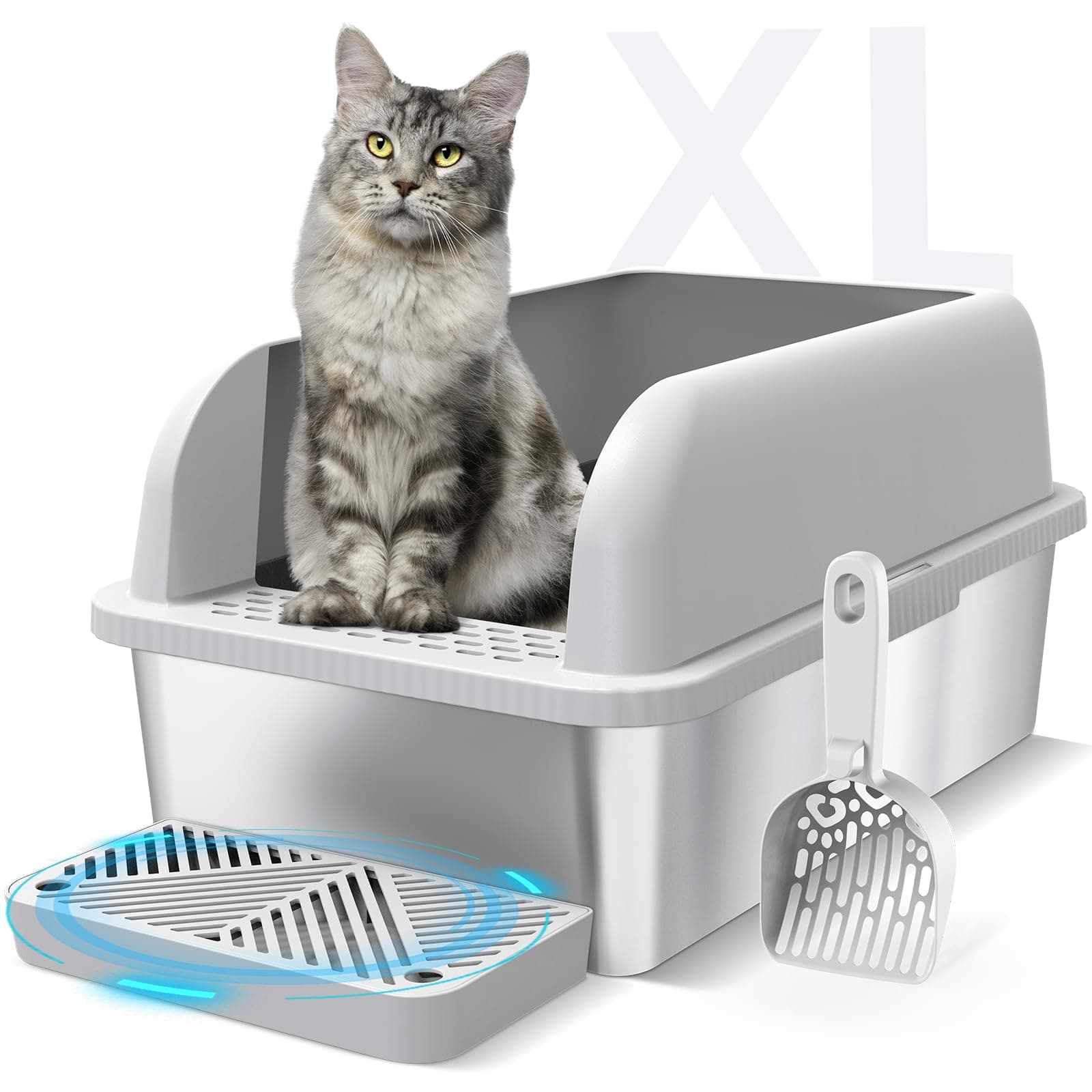 Extra Large Stainless Steel Litter Box with Lid, High Sides Enclosed Cat Litter Box for Big Cats & High Peeing, Anti-Leak & Odor Control Metal Litter Pan, Easy Clean Non-Stick Kitty Litter Box