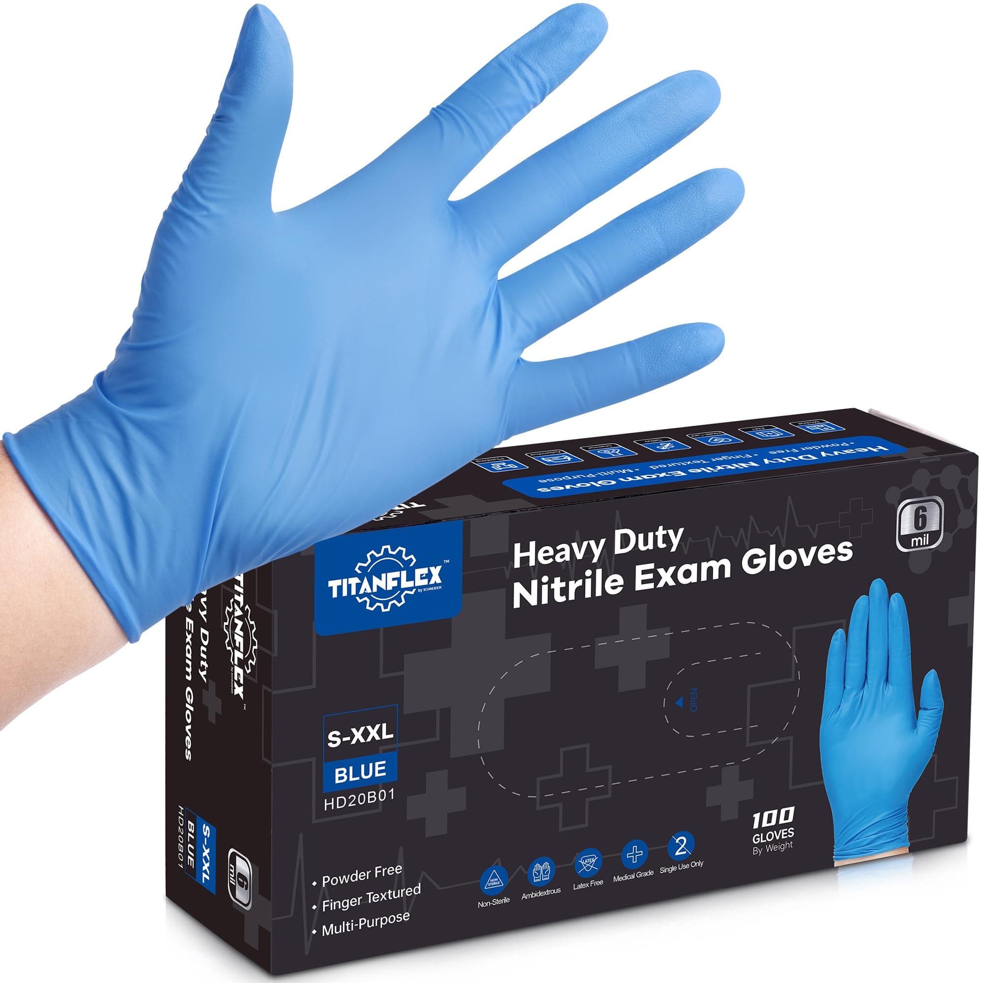 Nitrile Exam Gloves, Blue, 6-mil, Heavy Duty Nitrile Gloves, Mechanic Disposable Gloves, Latex Free, Powder Free