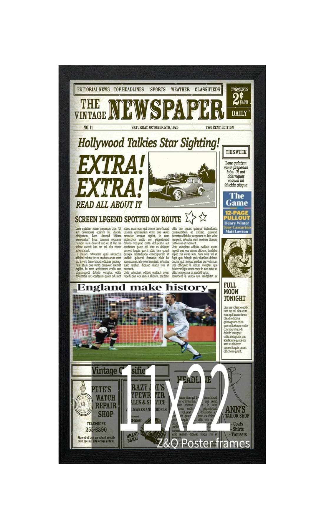 Z&Q Wall Photo Frame Black 11x22'' Vintage Newspaper Frame Art Print Media Article Cover Frame - Sleek Hanging Display Case for Entire Newspaper 22x11'' for Home or Office