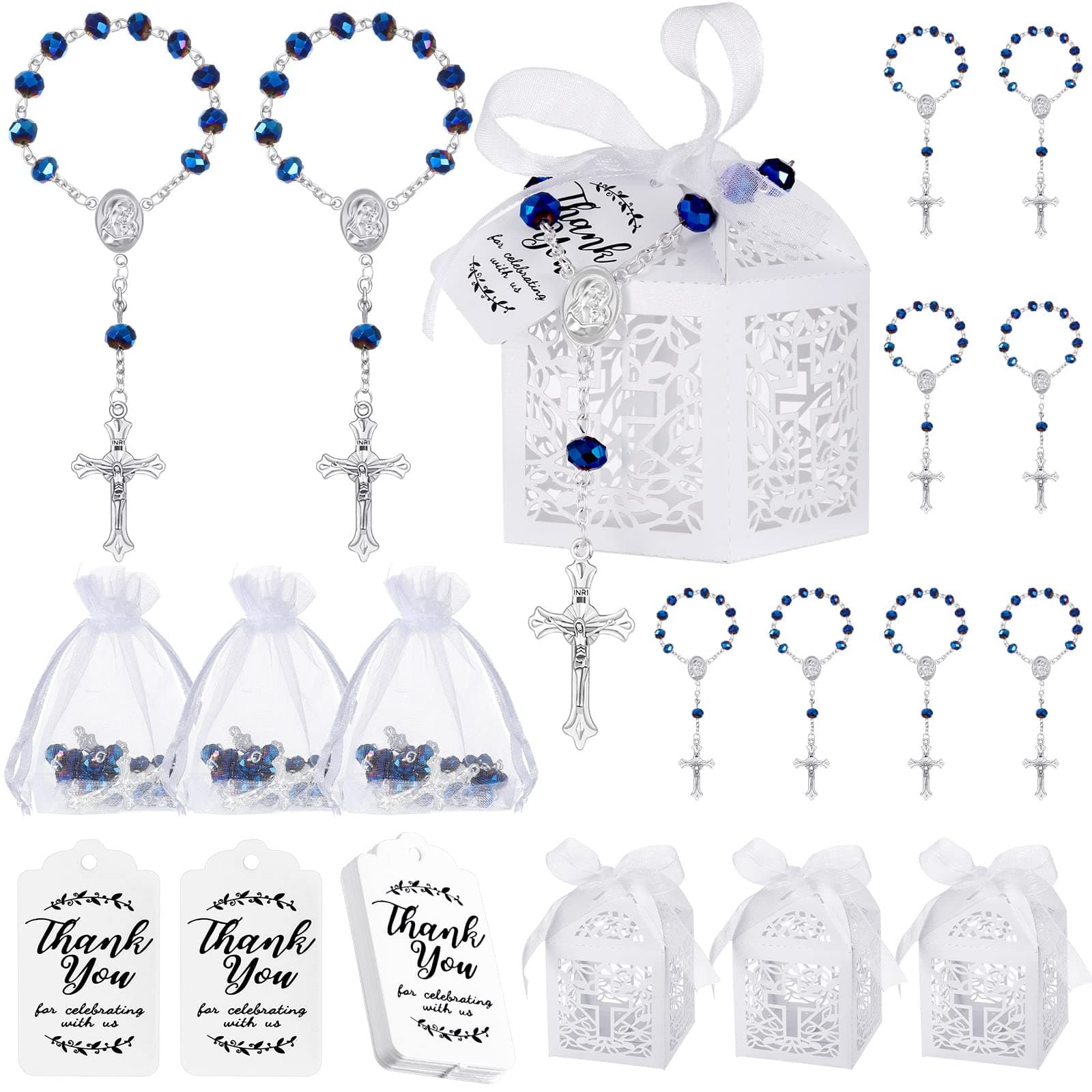Yinkin 100 Pcs Baptism Favors Set Including 25 Mini Rosary Baptism Favors 25 Organza Bags with Drawstring 25 Thank Kraft Tags 25 Boxes for Christening Party Wedding Supplies Gifts(Blue)