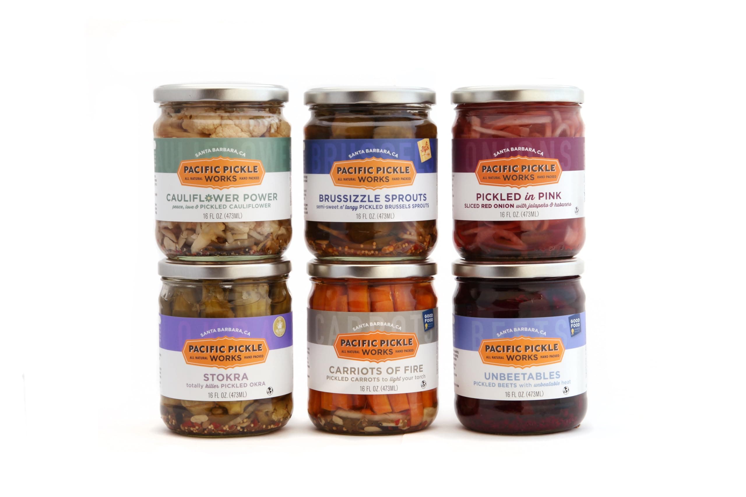Specialty Variety Pickles Gift Pack (6-pack) - variety of pickled Brussels sprouts, pickled carrots, pickled beets, pickled fennel, pickled okra and pickled cauliflower