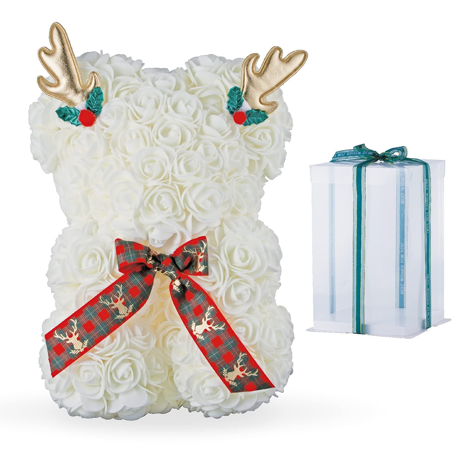 Delbery Rose Teddy Bear ,Rose Flower Bear 10 inch for Mother's Day,Anniversary's, Birthdays, Bridal Showers, Wedding Party Decoration Gift Box, Gifts for laddys- Clear Gift Box Included.White