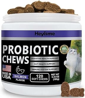 Cat Probiotic, Chews for Gut and Immune Health, Cats Probiotic Supplement for Cat Digestive Support, Healthy Digestion, Cat Constipation and Diarrhea Relief (120 Pills, Salmon)