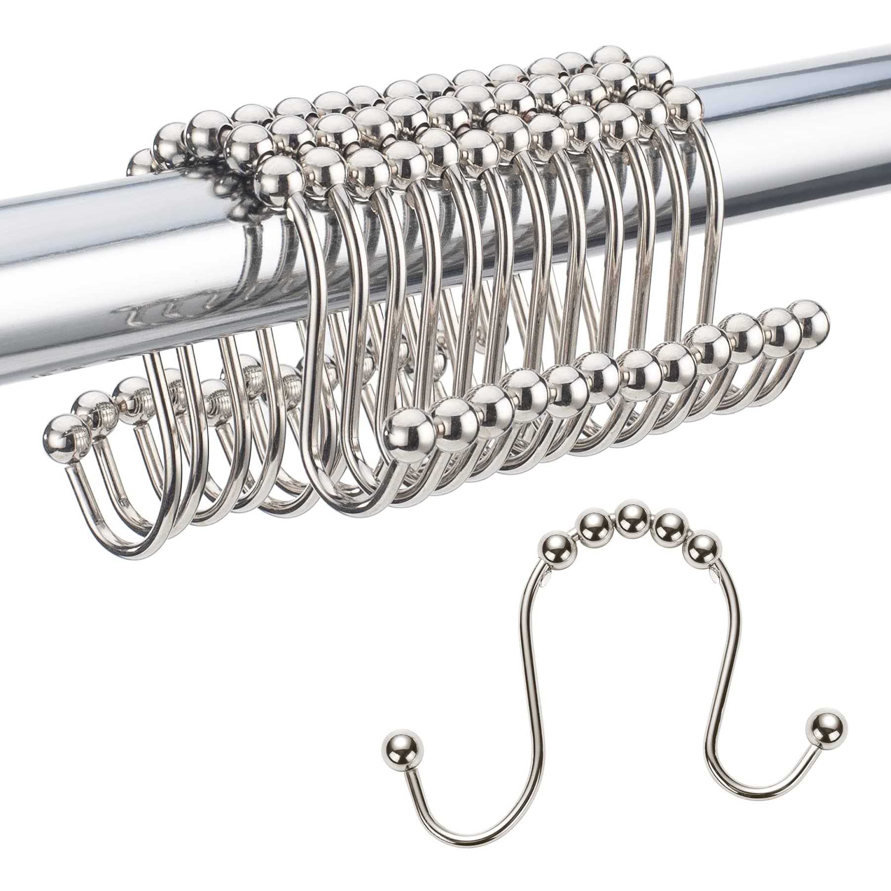 Amazer Shower Curtain Hooks Rings Double Shower Curtain Rings Stainless Steel Rust-Resistant Double Glide Shower Hook Rings for Bathroom Shower Rod Curtains, Polished Nickel, Set of 12 Hooks