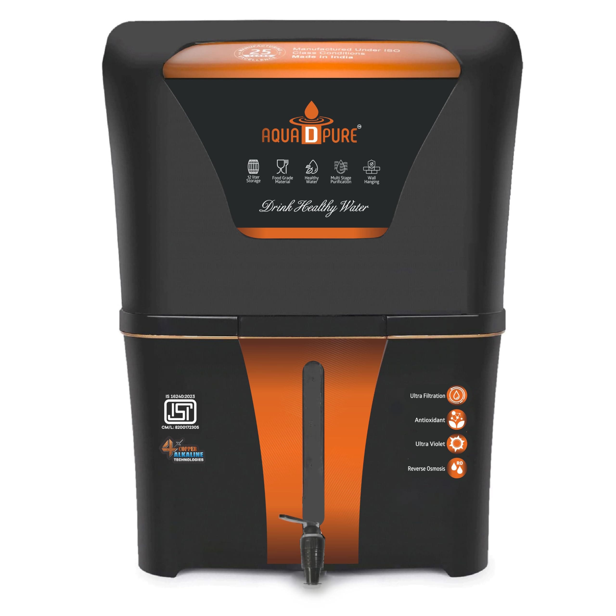 AQUA D PURE Copper + Alkaline RO Water Purifier 12L RO+UV+UF Copper+Bio-Alkaline +TDS Control+UV Purified Water with Goodness of RO Water Purifier, Black