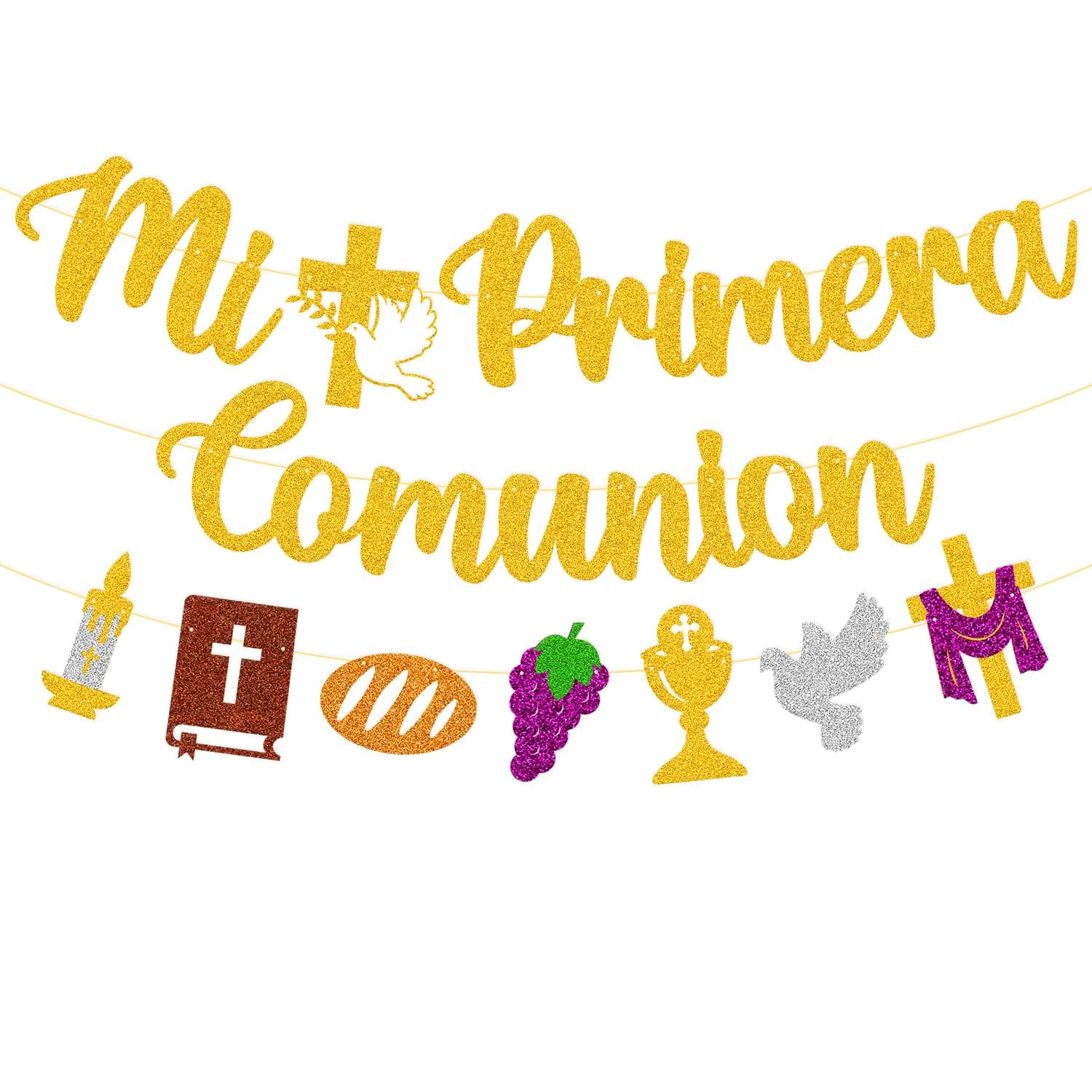 Mi Primera Comunion Banner Baptism Religious Cross God Bless Christening Sign Party Decorations for Christian Kids Boy Girl Baby Shower First Holy Communion Party Supplies (Gold)