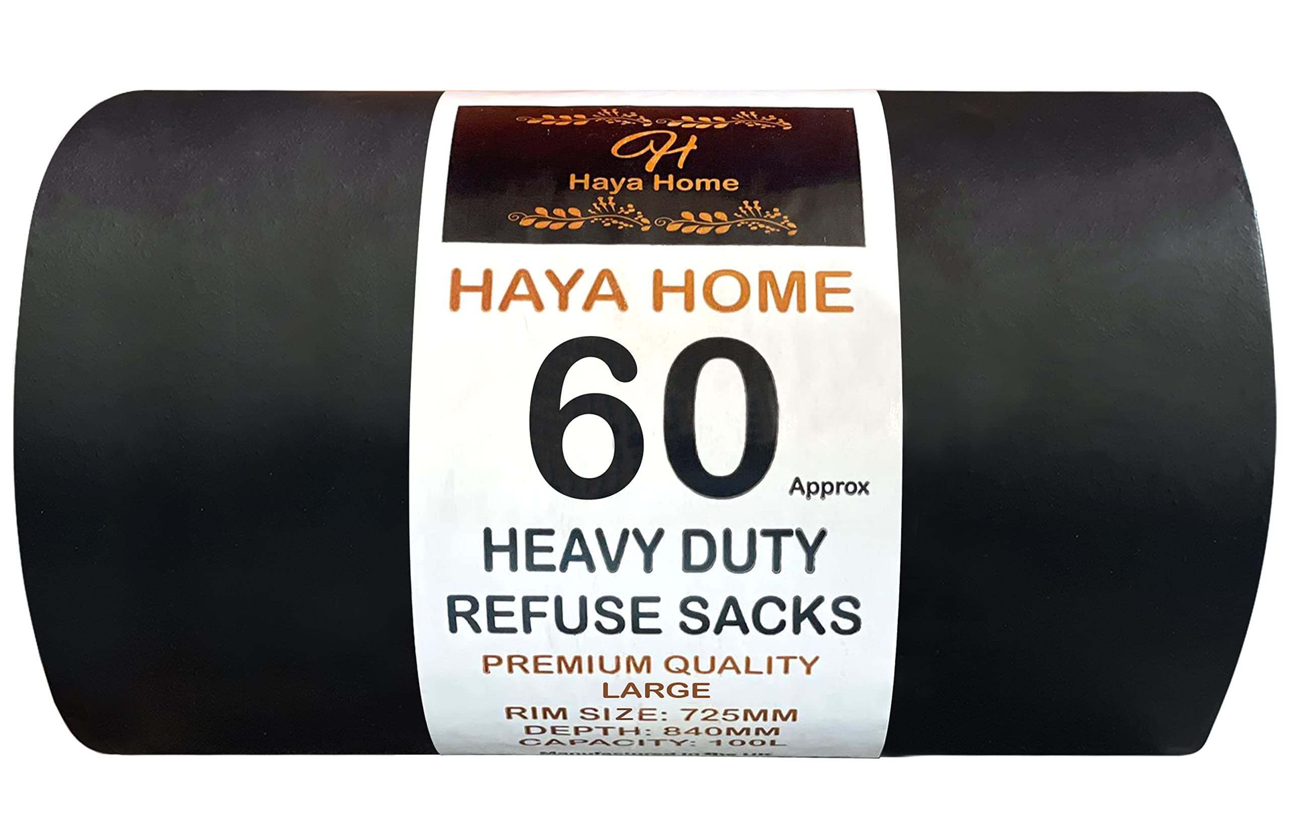 Haya Home 60 Strong Black Plastic Heavy Duty Bin Bags Bin Liners, Refuse Sacks Heavy Duty Waste Refuse Garbage Bags roll 100L for Kitchen Home Office DIY Garden 100% Recycled Material