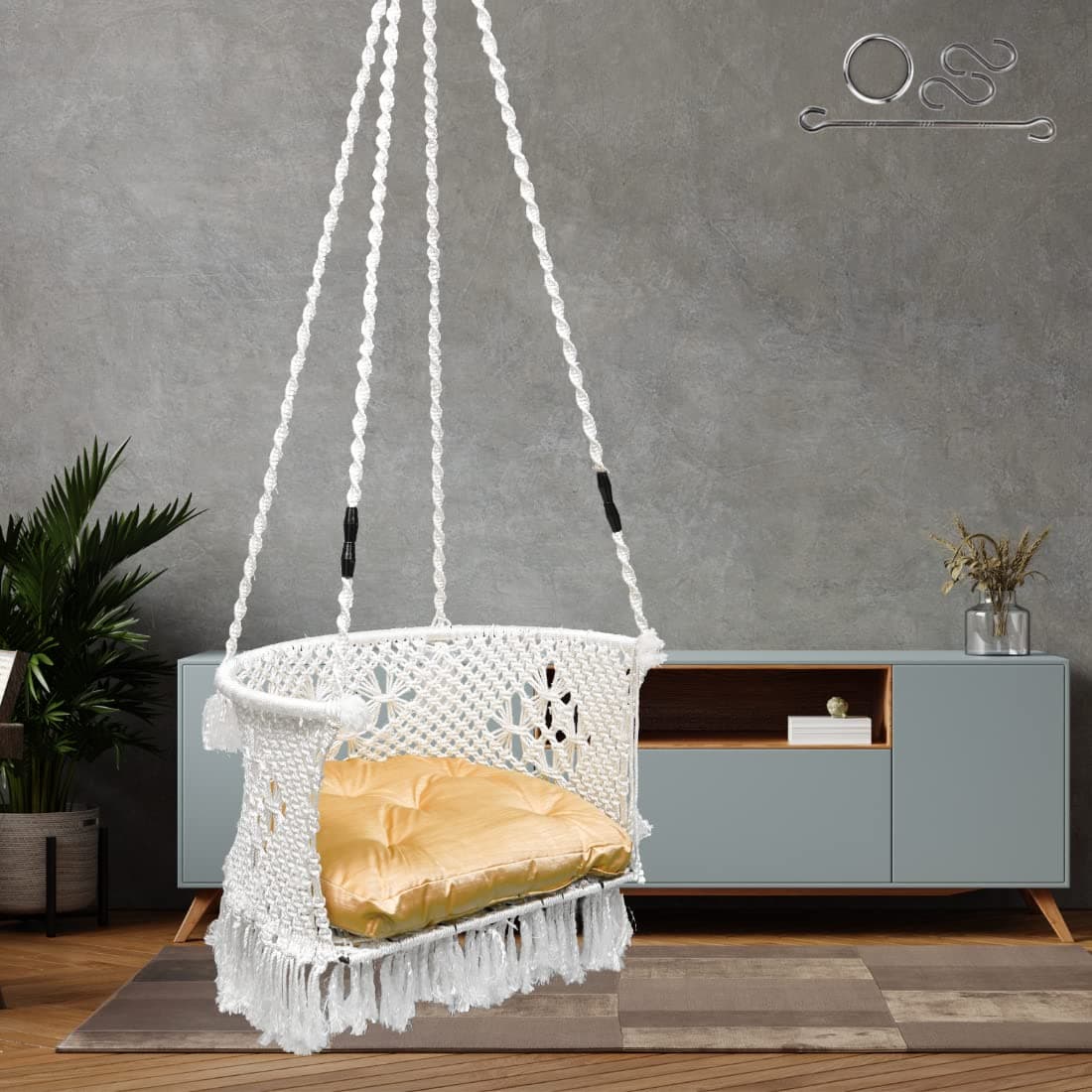 Patiofy Premium Adult Swing Chair - White, Max 150 Kgs, C Shape with Macrame Floral Design & Golden Cushion