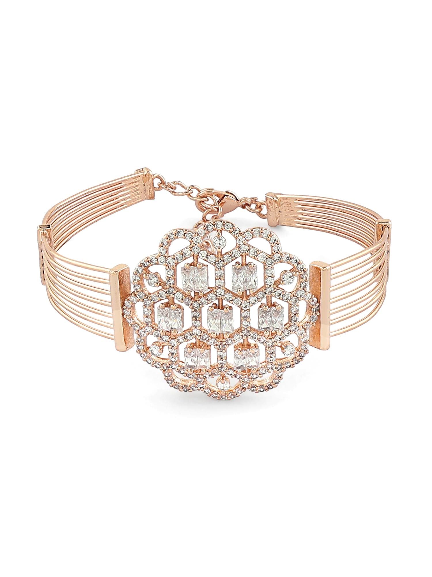 Rose Gold Dazzling Cubic Zirconia Embellished Brass Kada Bracelet For Women-ZPFK16892