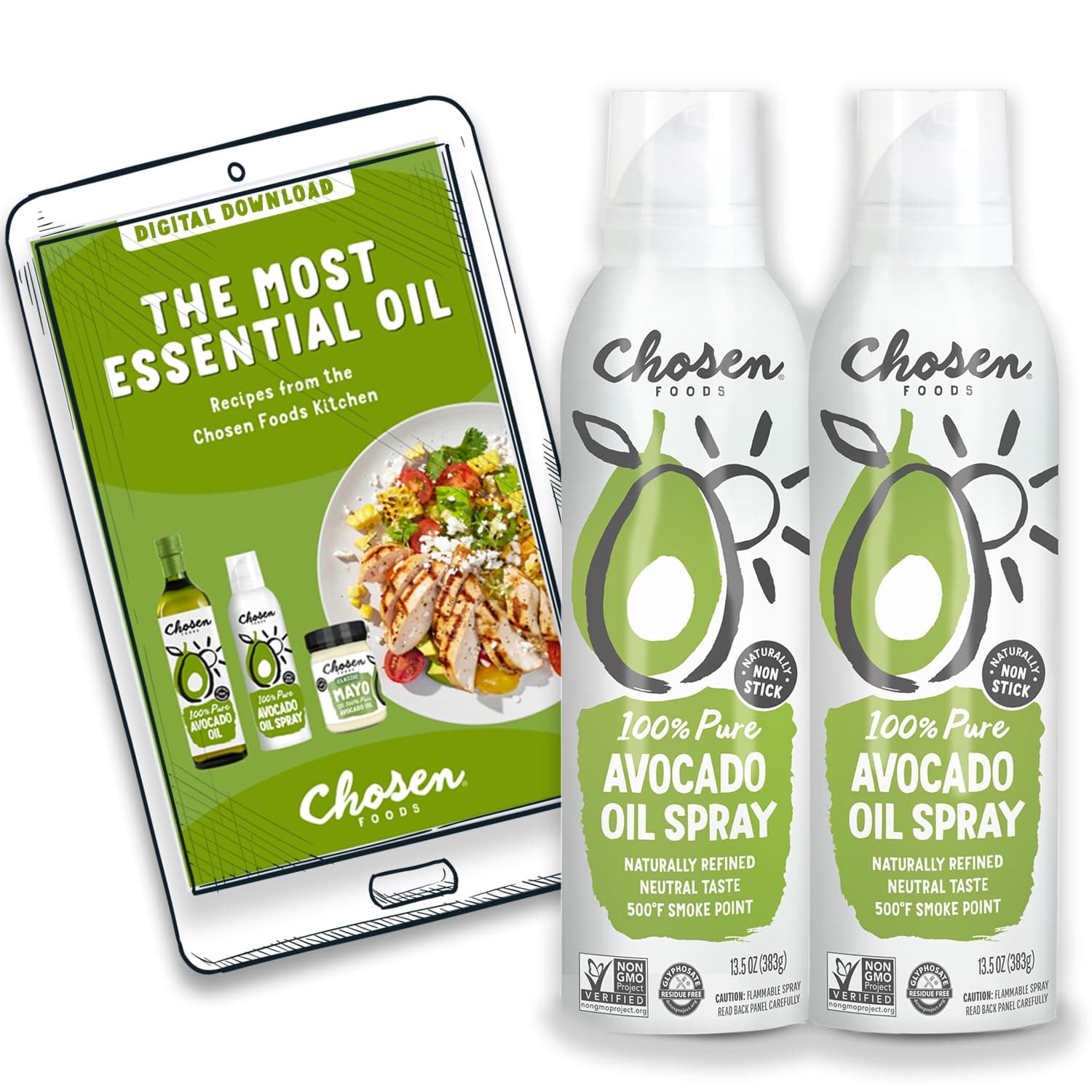 Chosen Foods 100% Pure Avocado Oil Spray 13.5oz 2-Pack + Recipe eBook Bundle
