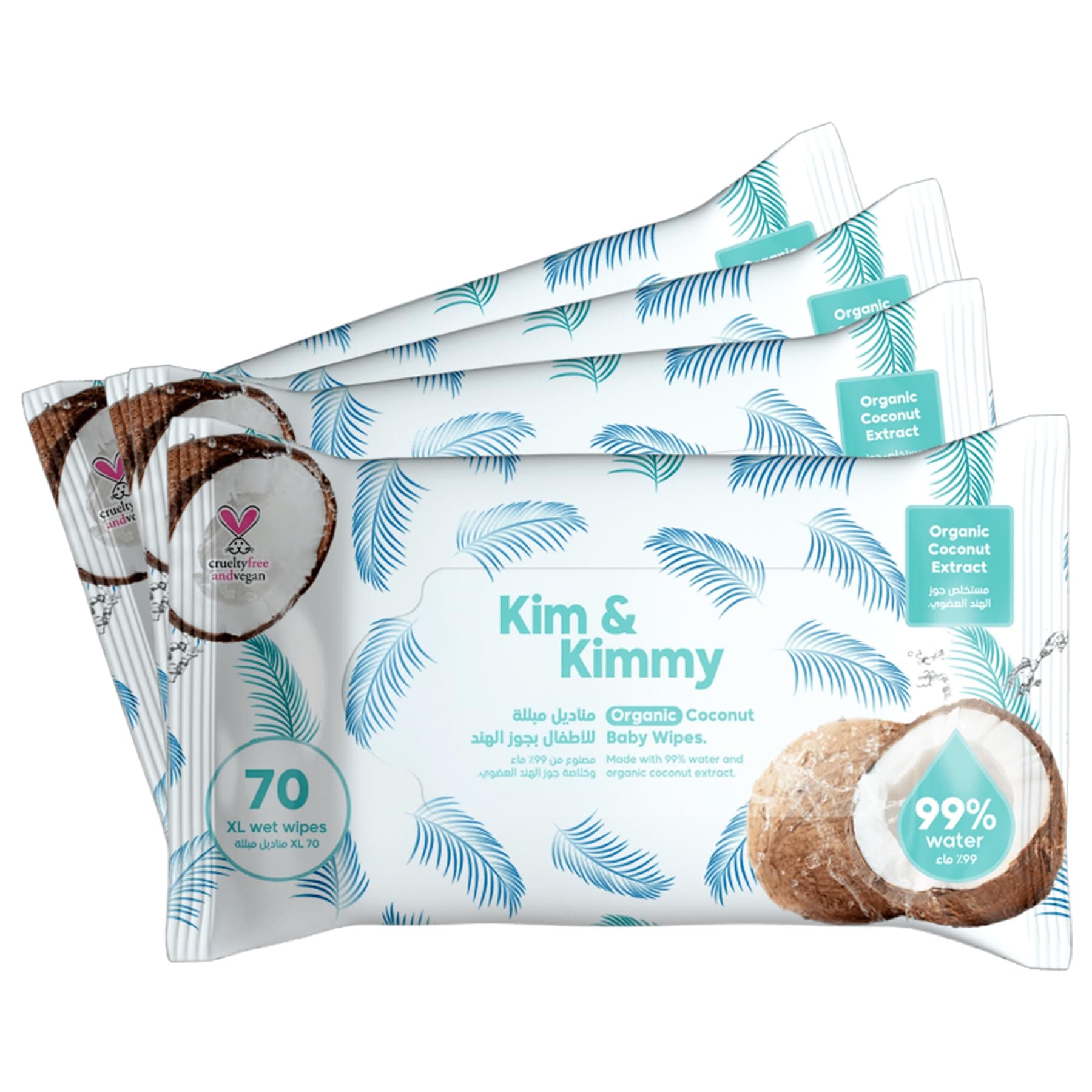 Kim & Kimmy Coconut Water Based Wipes - 4 x Pack of 70 (280 Count) - Organic Coconut Extract - Extra Large for Treating Diaper Rash