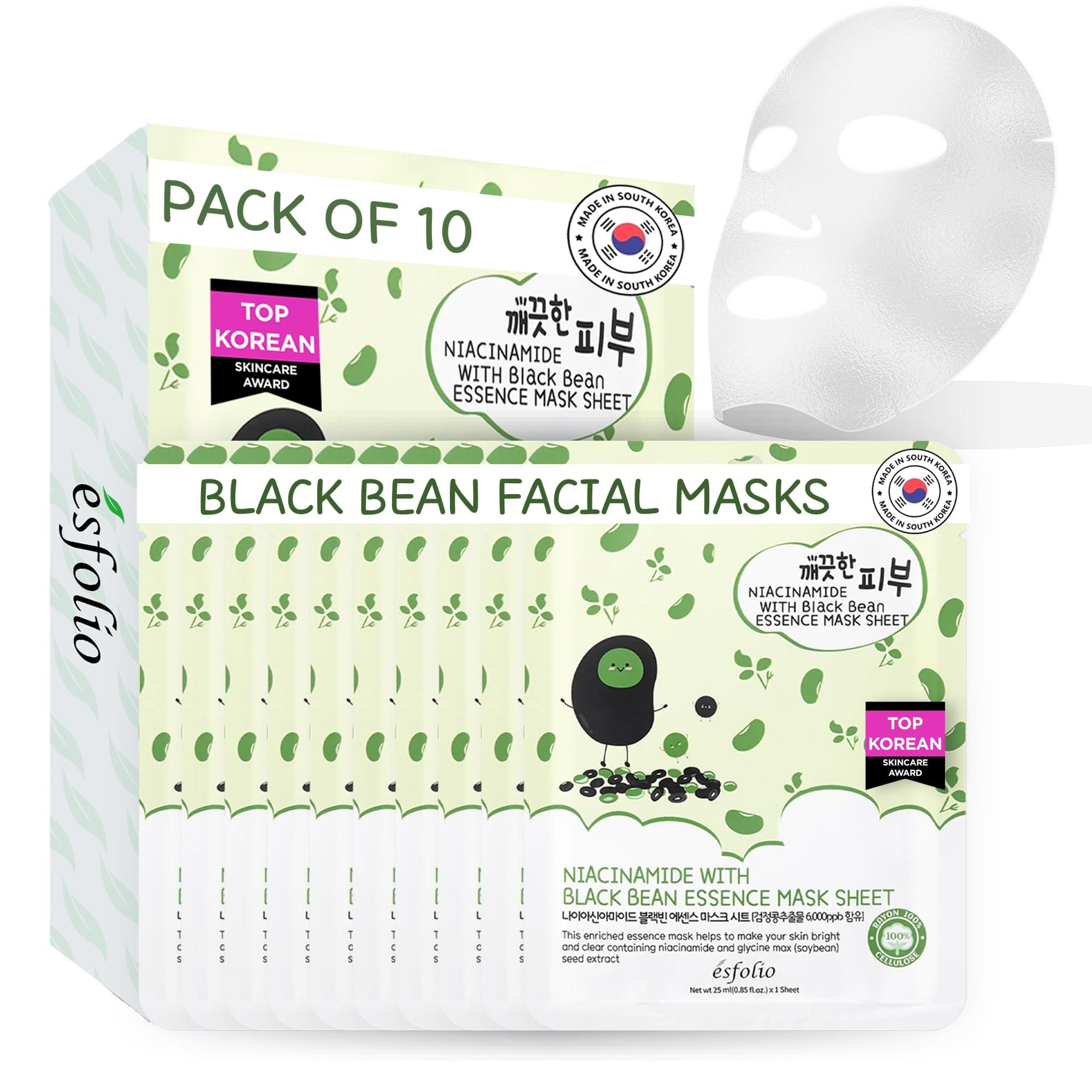 esfolio Niacinamide Black Bean Essence Mask Sheet – Hydrating Korean Face Mask for Dark Spots, Pore Care, Oil Control, Improves Skin – Moisturizing Skin (Pack of 10)