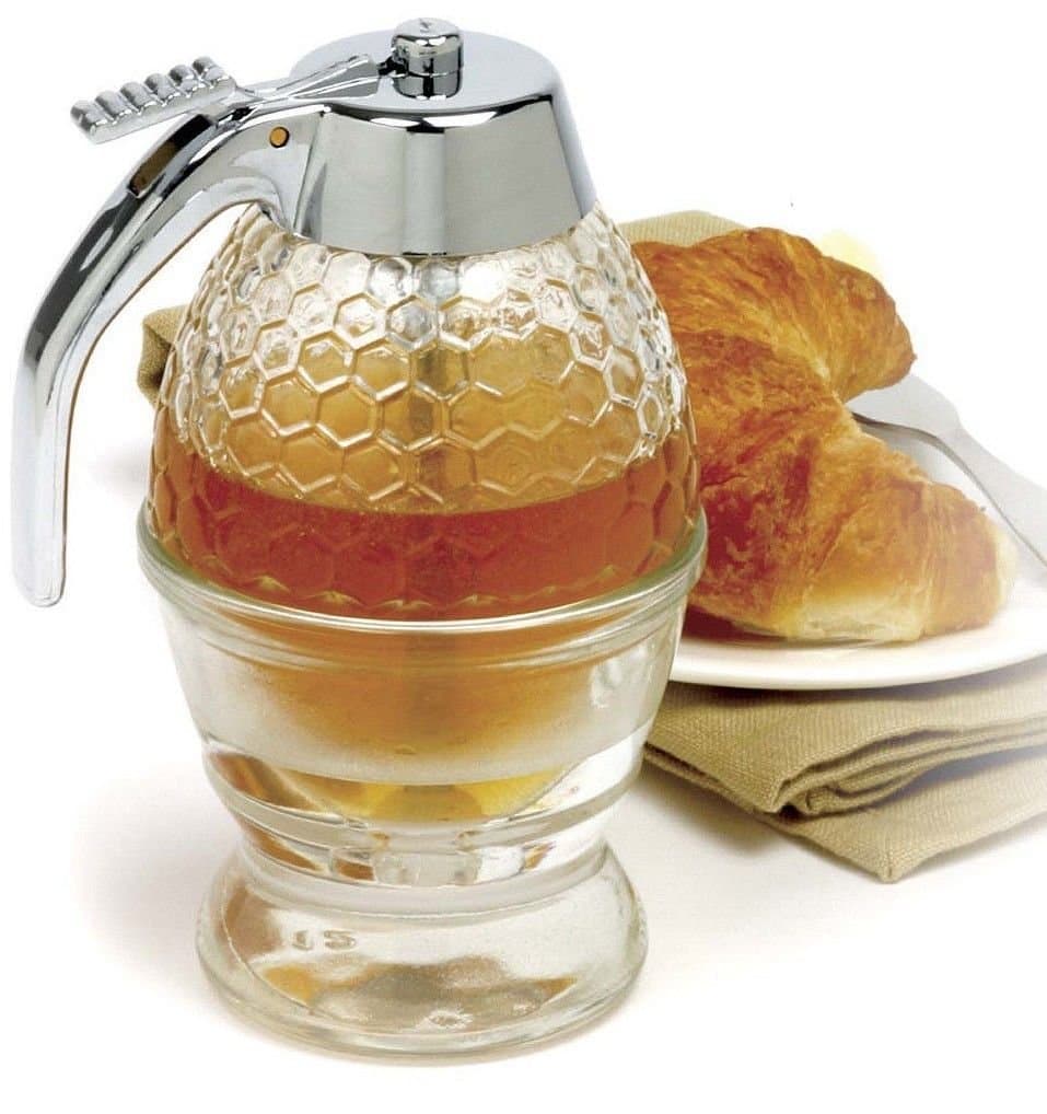 Honey Syrup Jar Dispenser Holds 1 Cup Glass Container Kitchen Storage w/ Stand