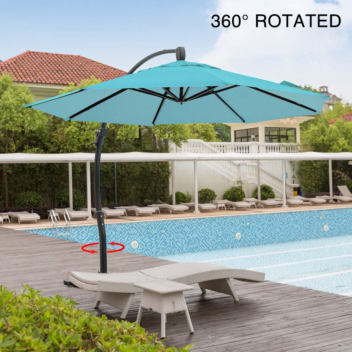 Brand New 11.5 Feet Offset Patio Umbrella, 360° Rotated Cantilever Umbrella with Tilt System for Outdoor Parties, Courtyard with Cross Base, Aluminum, 250gsm Round Canopy, Turquoise