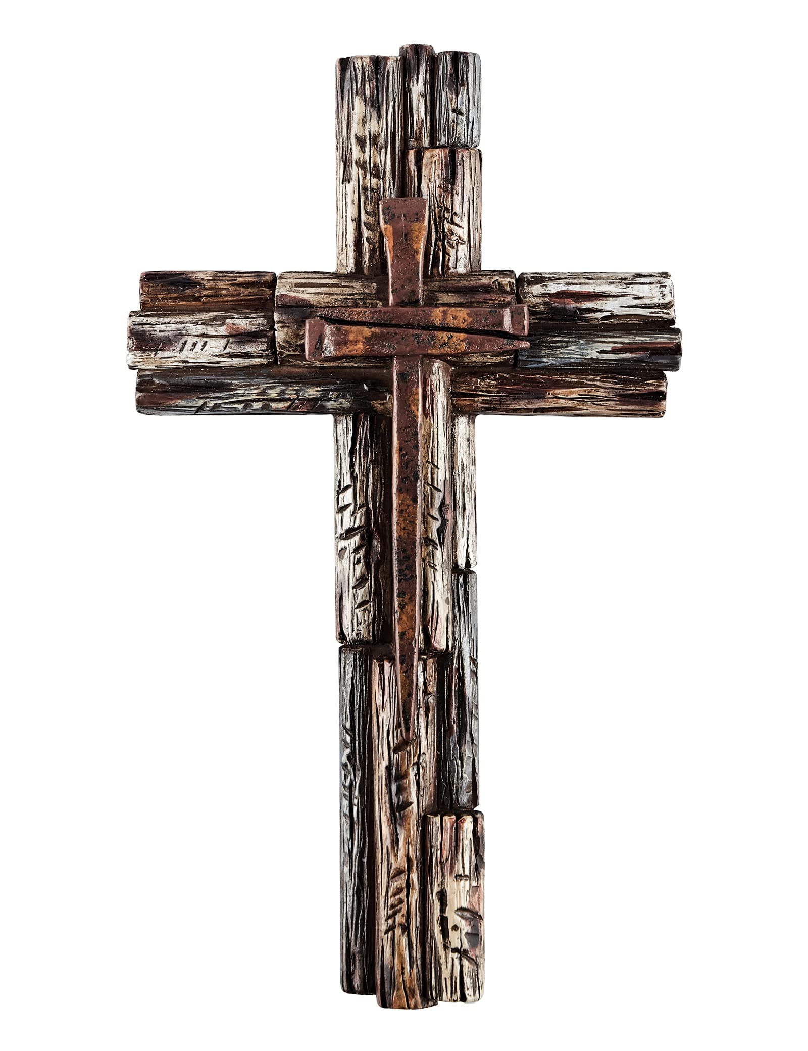 Eagrafts Rustic Decorative Layered Wood Like Resin Wall Cross With Faux Iron Nails, Home Wall Decor
