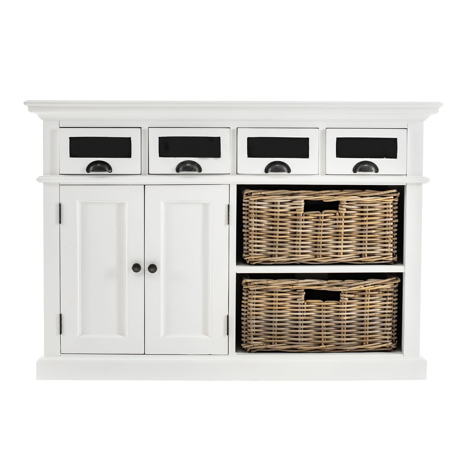 NovaSolo Halifax Pure White Mahogany Wood Sideboard Dining Buffet With Storage, 4 Drawers And 2 Rattan Baskets