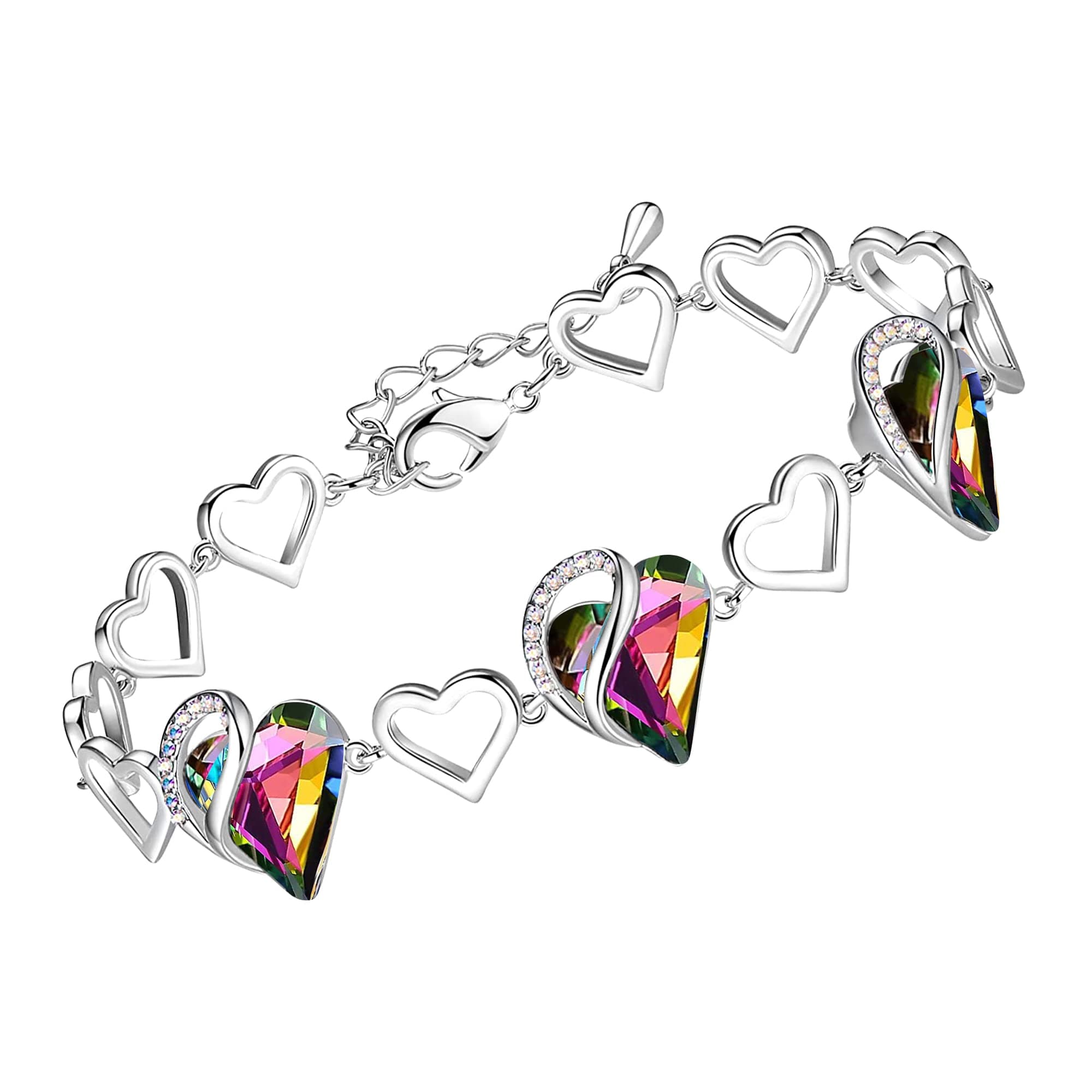 Infinity Love Heart Link Bracelets, Birthstone or Healing Stone Crystal Bracelet for Women, Silver Tone Jewelry Gifts for Her, 7-inch Chain and 2-inch Extender