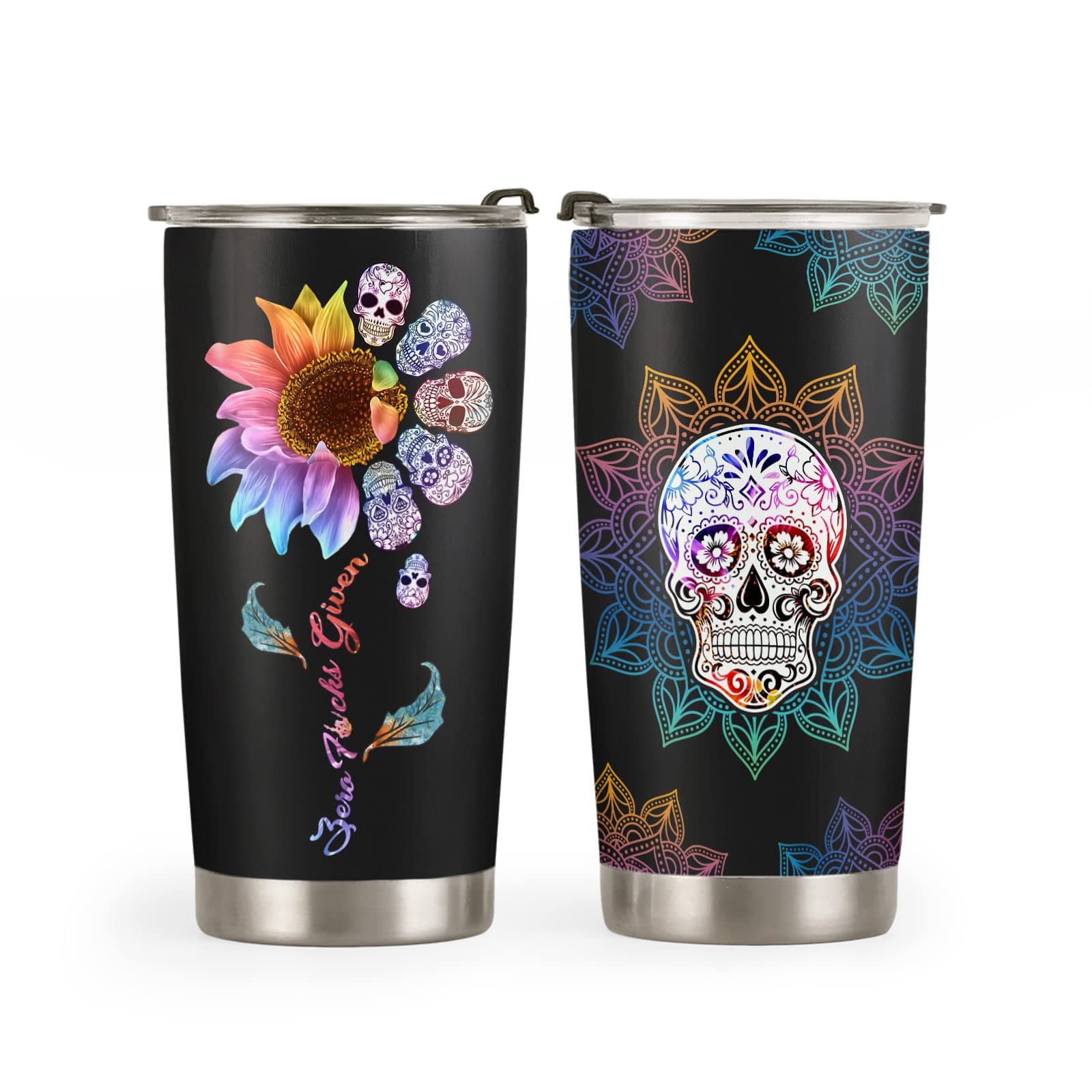 20oz Sunflower Sugar Skull Coffee Tumbler, Coffee Thermos for Women, Men, Sunflower Sugar Skull Tumbler Cup, Stainless Steel Double Wall Vacuum Insulated Travel Coffee Mug with Lid