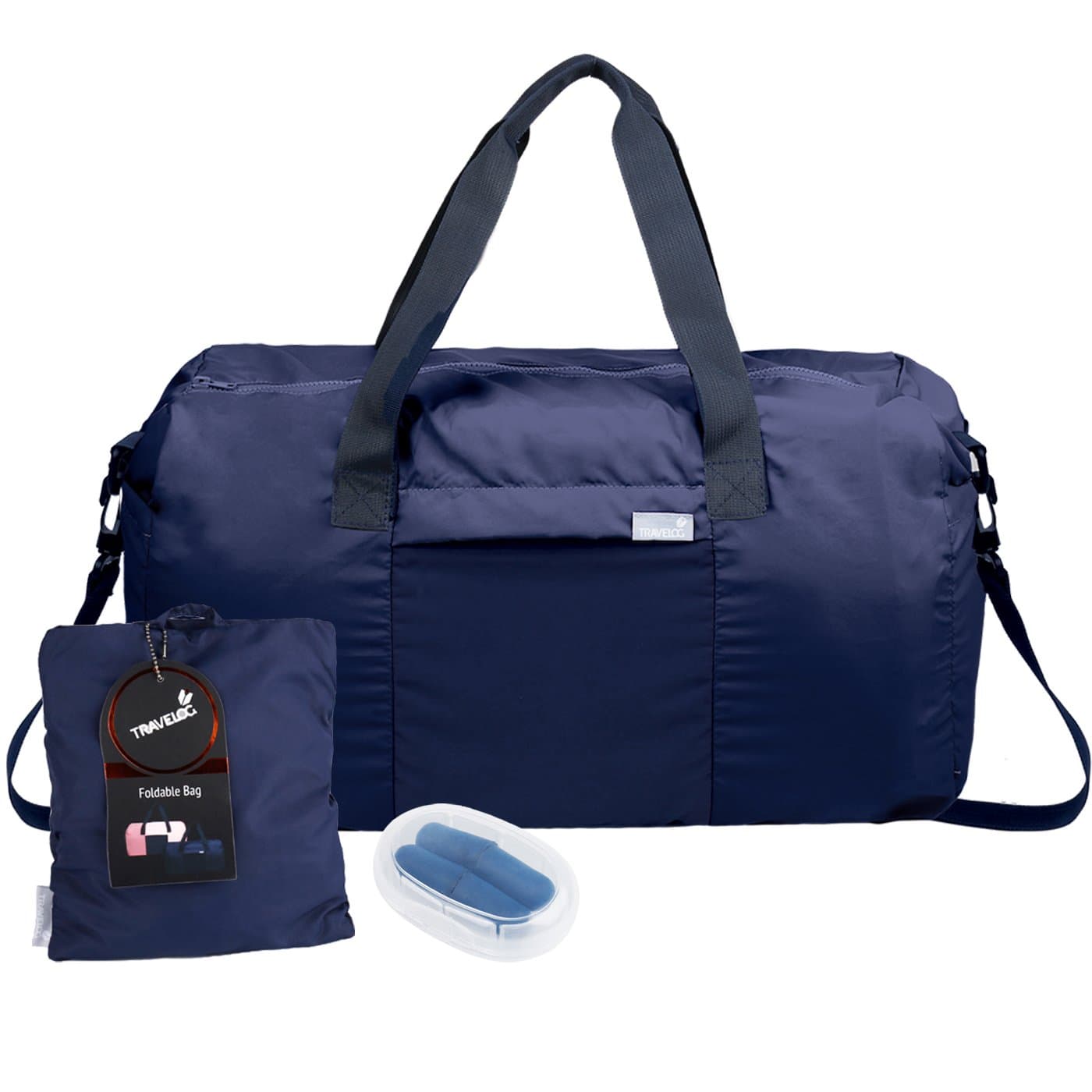 Duffel On-the-go Travel Set (2PC) by TRAVELOG - Foldable Duffel Bag, 2 Pairs Foam Earplugs (Blue)