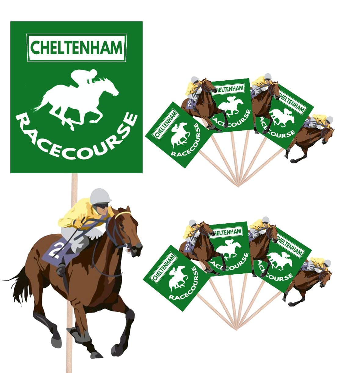Horse Racing - Cheltenham Racecourse Themed - Event - Birthday - Party Food - Cake Cupcakes - Picks Sticks - Decorations Toppers - Stand Up Food Flags (Pack of 14)