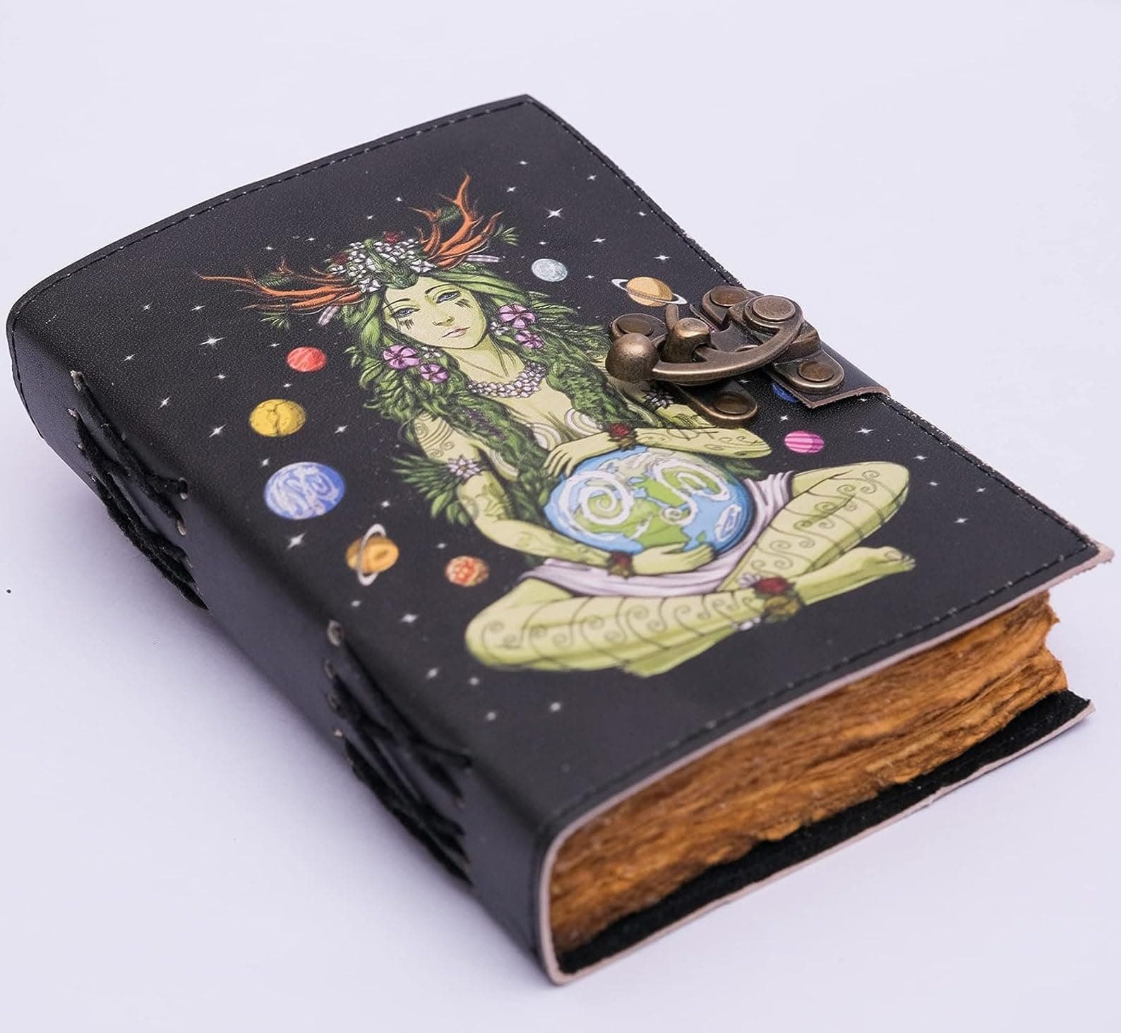 KHAFRA Mother Earth Spell Book - Vintage Diary Book of Shadows Journal Diary for Men & Women, 200 Pages with Lock Clasp - Handmade Leather Journal Diary with Deckle Edge Vintage Paper (7 * 5)