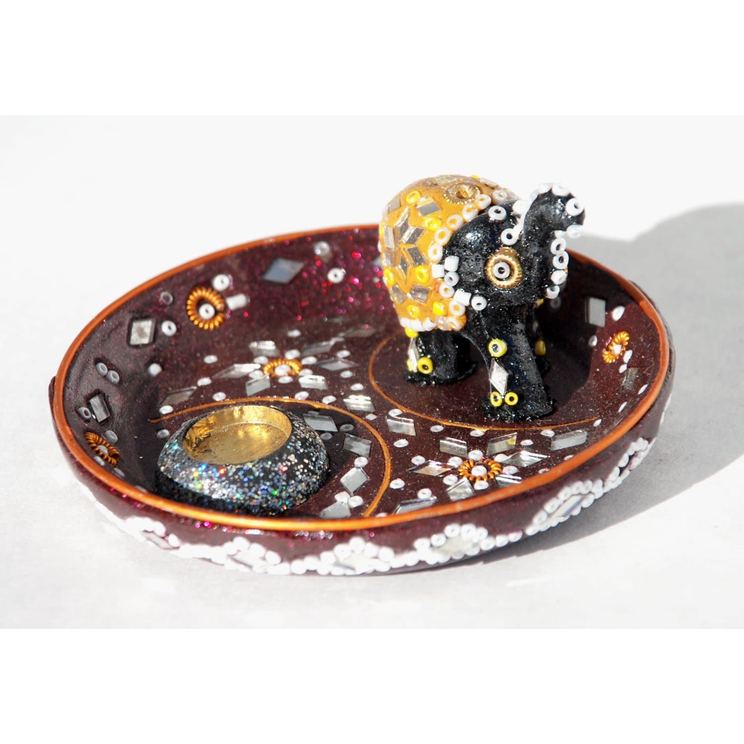 Incense Holder - Elephant Jewel Plate - 4" Diameter - Holds Cones & Sticks